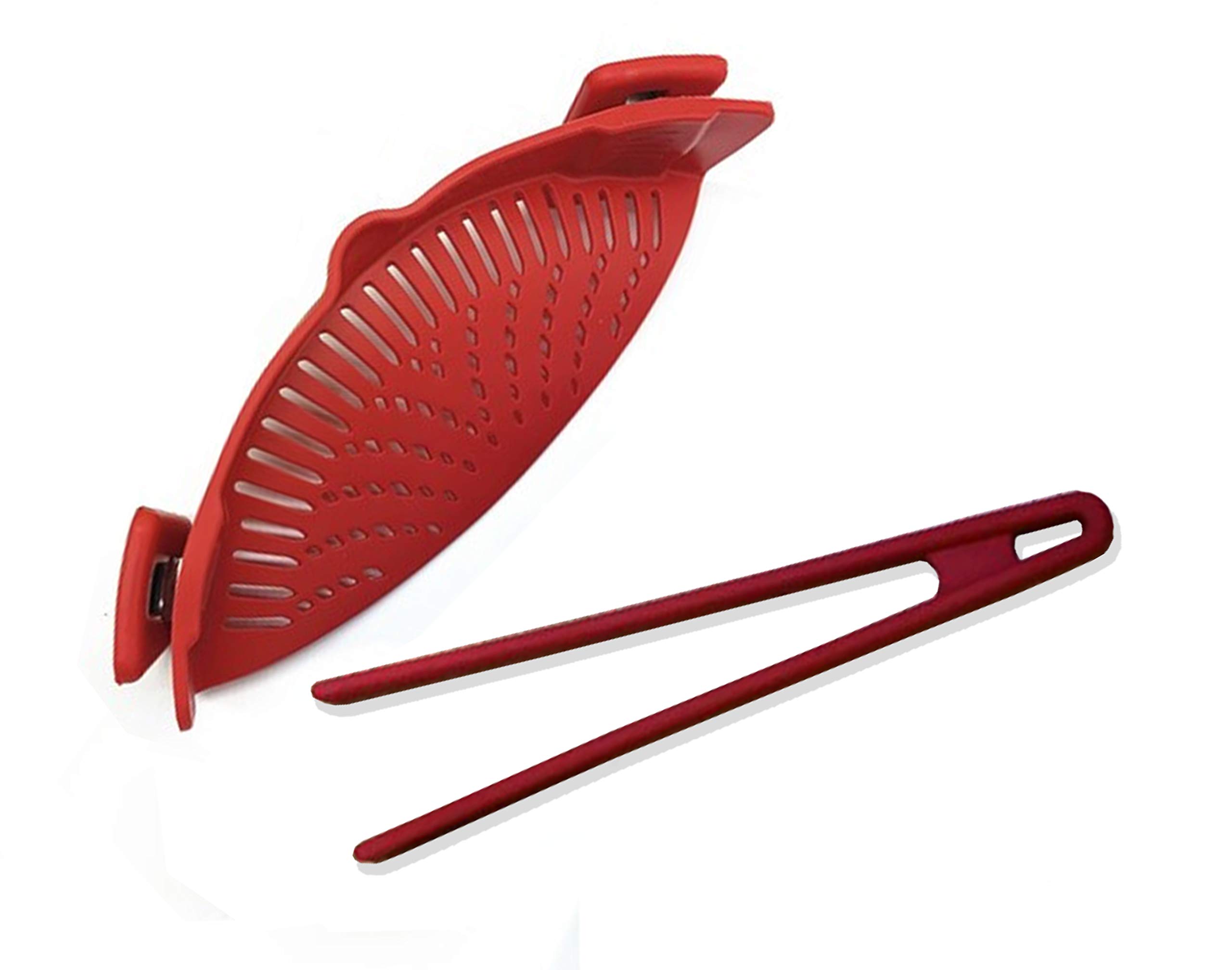 Cin CLIP 'N STRAIN Hands-free Adjustable Clip-on Silicone Colander Strainer, Universal Fit for all Pots, Pans and Bowls BPA Free. Includes Heat Resistant Pasta Lifting Silicone Spatula Tongs (red)