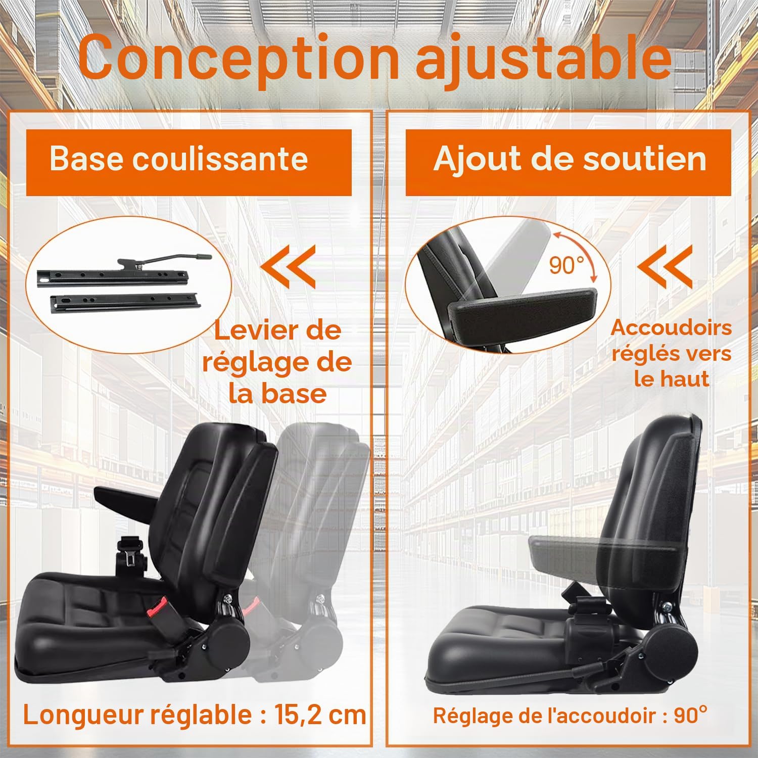 Siège de chariot élévateur universel, siège de tracteur rabattable avec accoudoir, ceinture de sécurité, dossier réglable et glissière en PVC imperméable pour de jardin pelle chargeuse pelleteuse