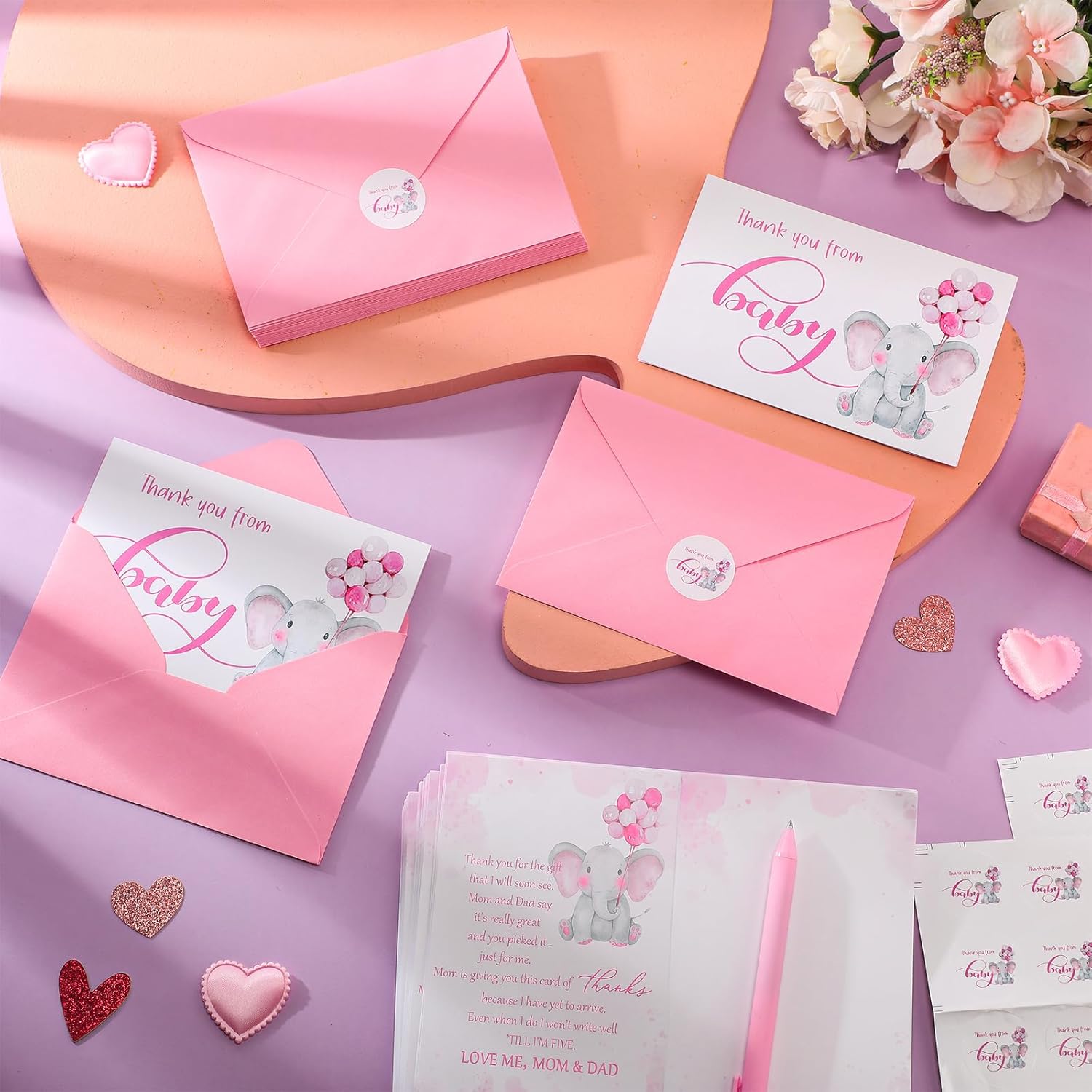 Zhanmai 50 Sets Baby Shower Thank You Gift Cards 50 Elephant Themed Baby Shower Thank You Notes with 50 Envelopes and 50 Stickers for Boys Girls Gender Reveal Party(Pink) - Image 4