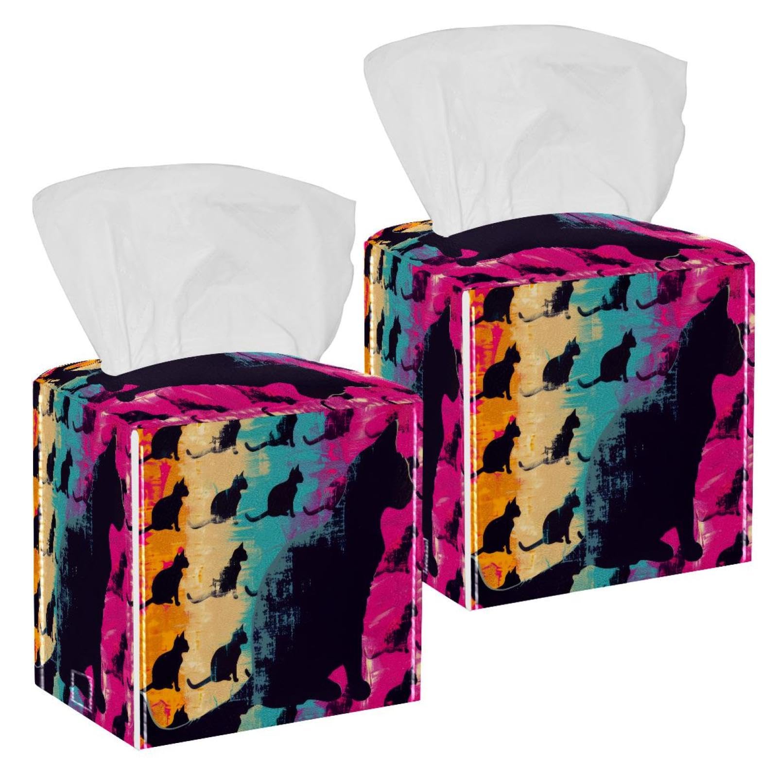 Cat Silhouette Tissue Box Cover, 2 Pack PU Leather Square Facial Tissue Dispenser Box holder for Home Office Car