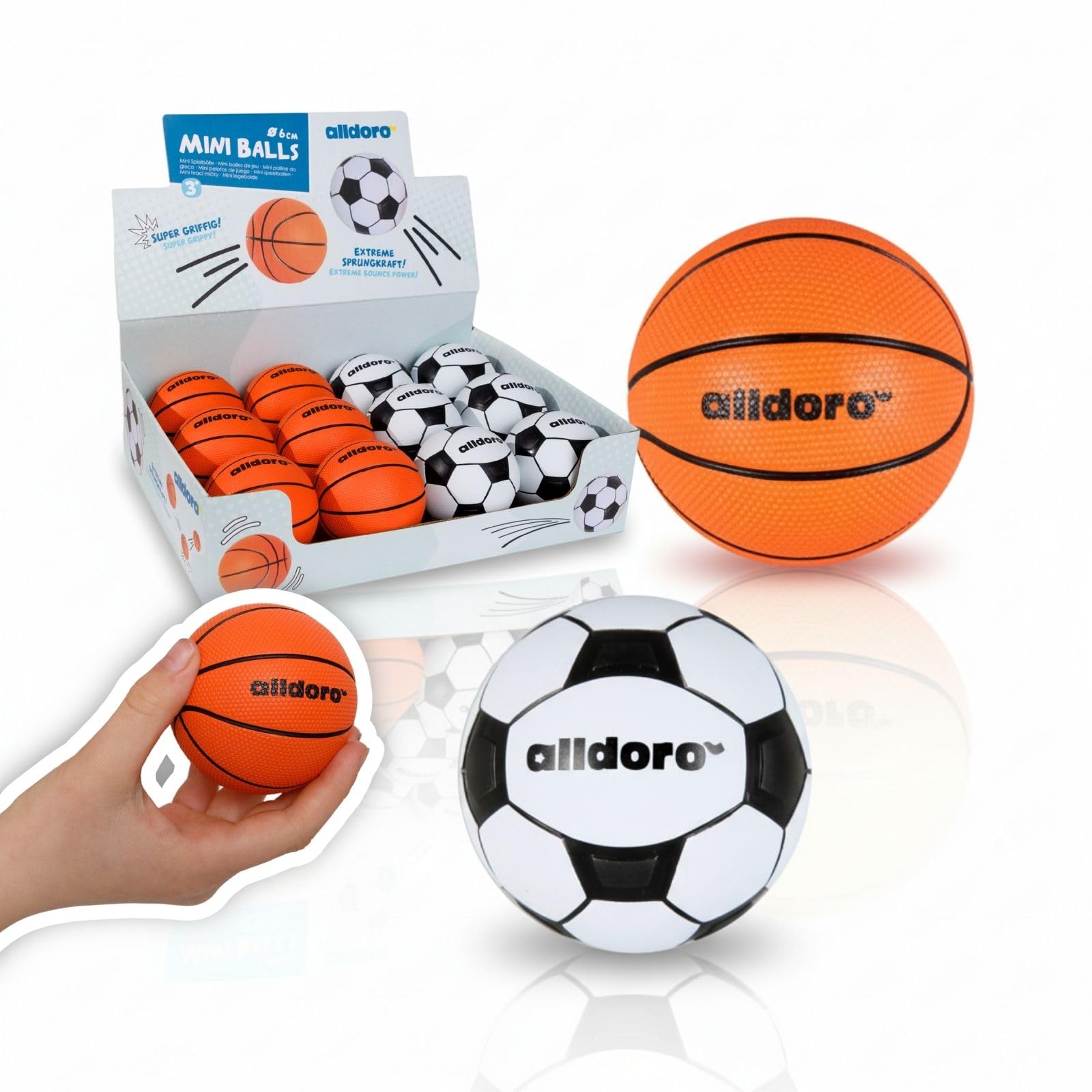 alldoro Mini Spielbälle 12er Set Ø 6 cm, Softball, Schaumstoffball | Leichte Softbälle für Kinder, je 6X Mini Fußball & Basketball, ideal als Geschenk für Kinder, Indoor & Outdoor
