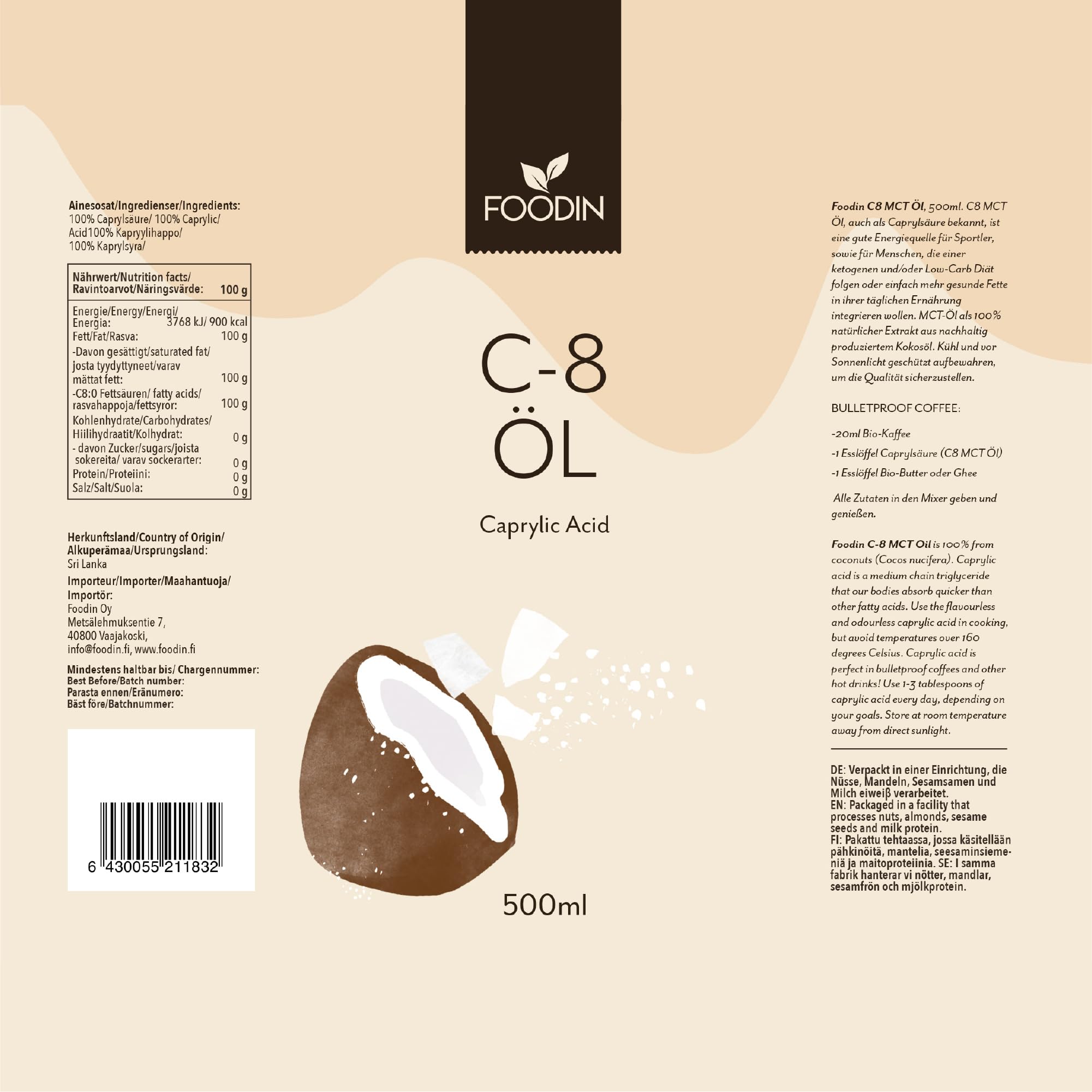 FOODIN Huile MCT C8 – 1000 ml (2 x 500 ml) – 100% C8 à base de Coco – Sans Goût – Pour Régime Cétogène – 3x Plus de Cétones