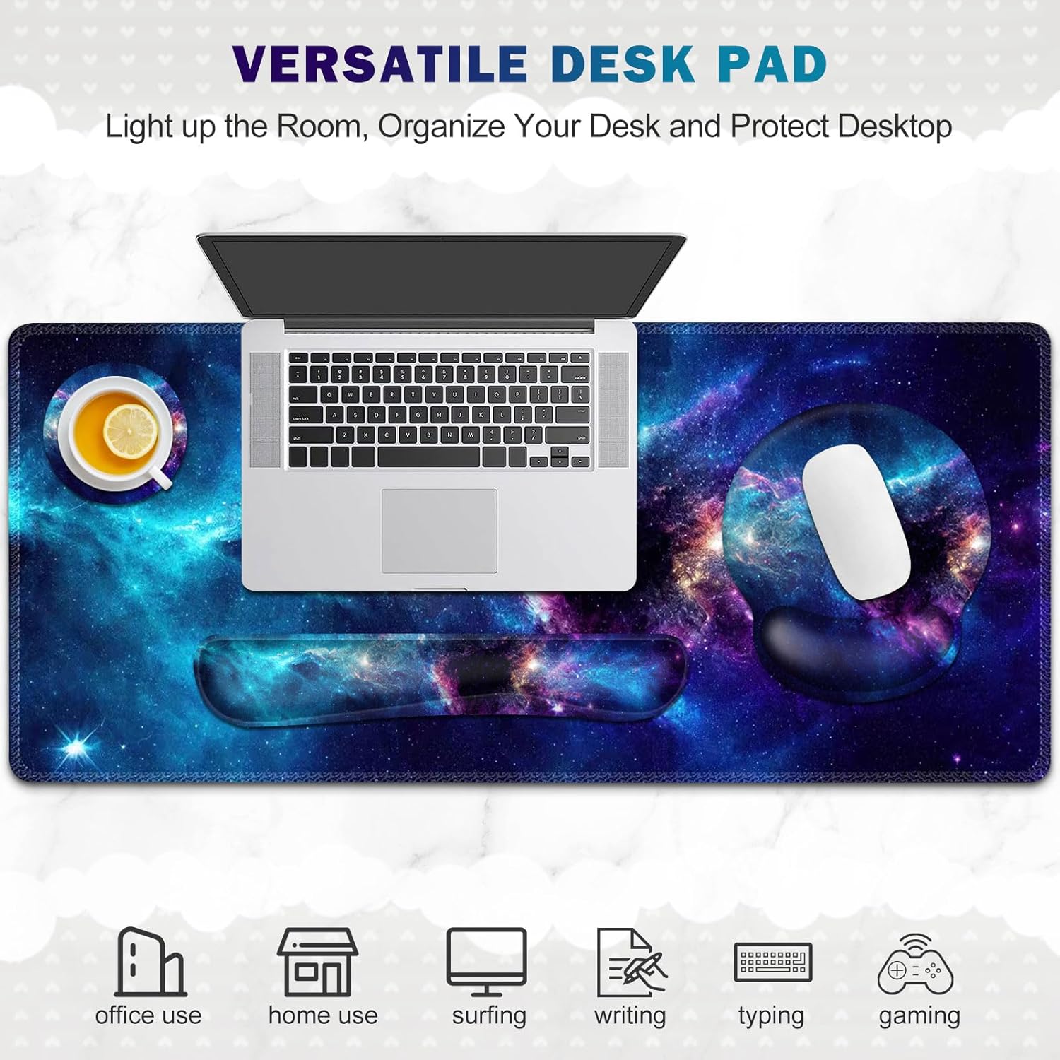 Gaming Mouse Pad, Large Desk Mat, Cute Desk Pad Protector, 4in1 XXL Mousepad + Keyboard Wrist Rest+Mouse Wrist Rest+Coaster Set with Ergonomic Desk Pad for Home Office Table Computer, Galaxy Space - Image 8