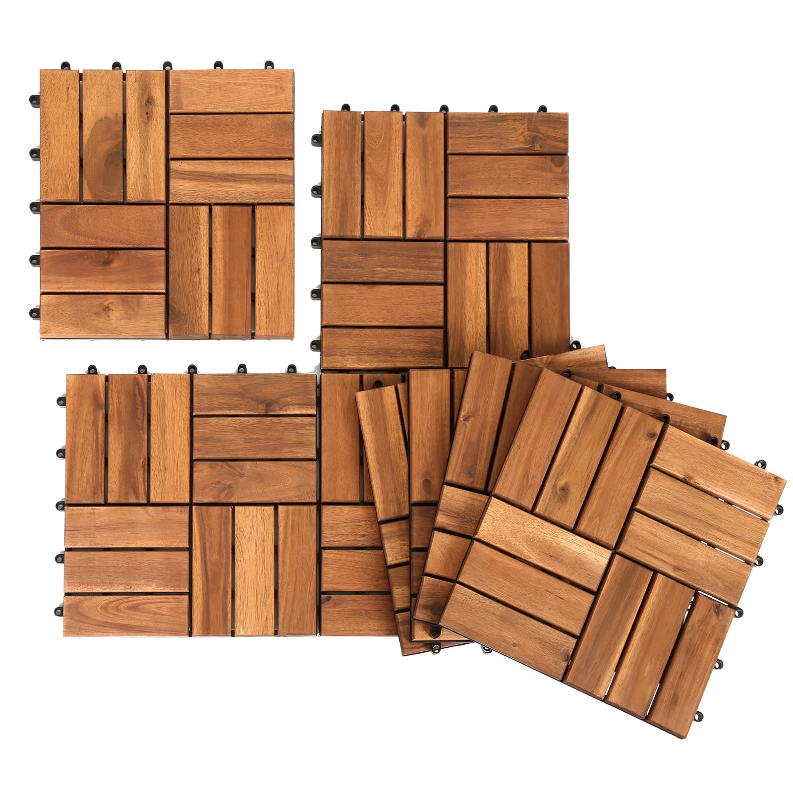 Herrselsam Holzfliesen Terrassenfliesen, 30x30 cm Holzfliesen aus Akazien Holz, 12 Latten Fliese 1m², Bodenfliesen geeignet als Terrassenfliesen und Balkonfliesen(11 Stück)