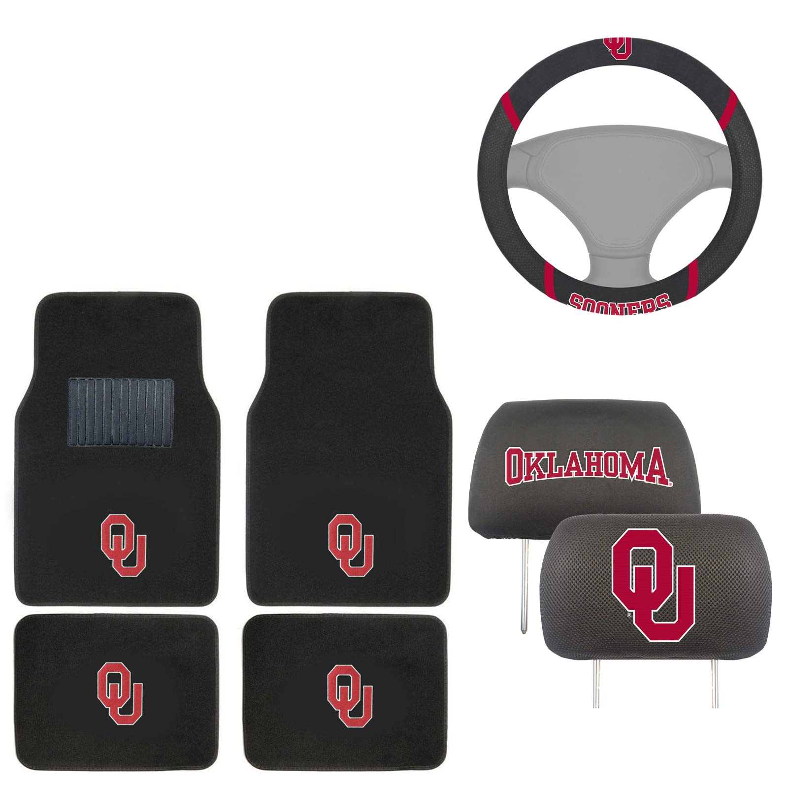AAC FANMATS NCAA Carpet Floor Mats Bundle with Head Rests and Steering Wheel Cover for Oklahoma Sooners Fans Officially Licensed(7 Items)