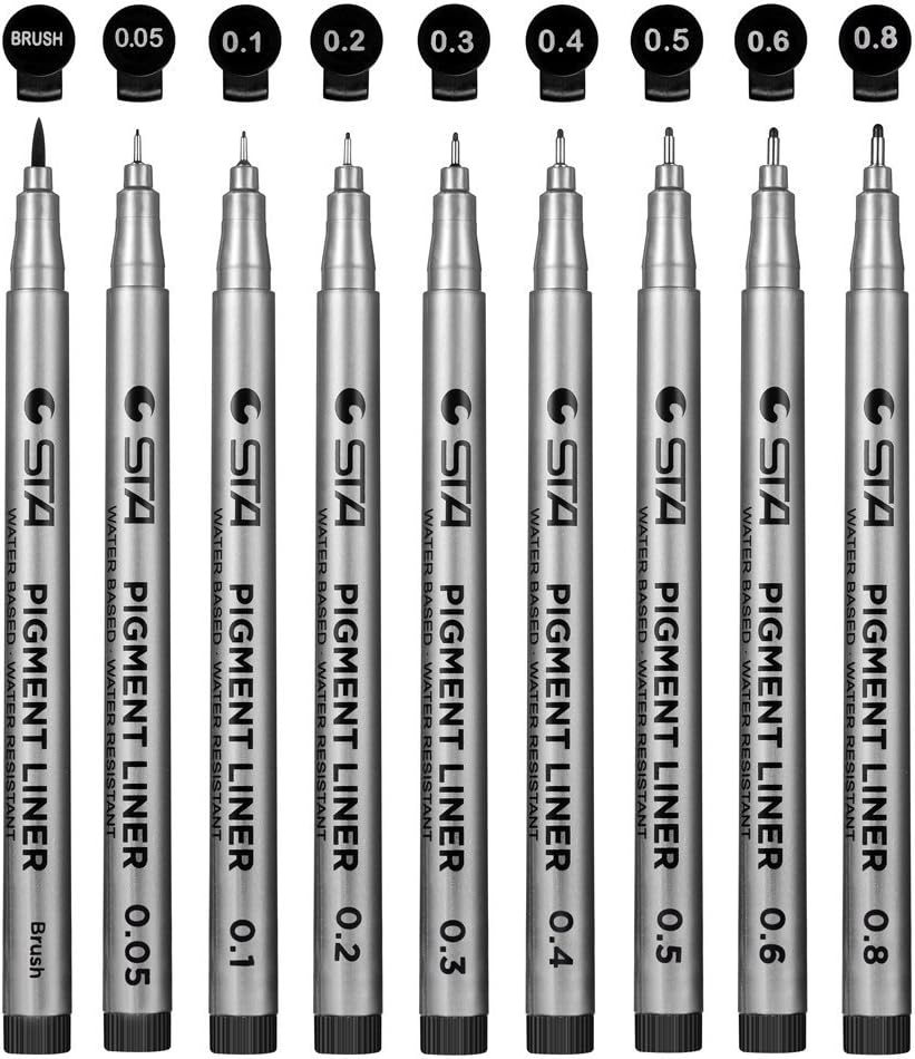 Black Micro-Pen Fineliner Ink Pens - Waterproof Archival Ink, for Drawing, Multiliner - Sketching Supplies, Anime, Office Documents, Scrapbooking, Set of 9