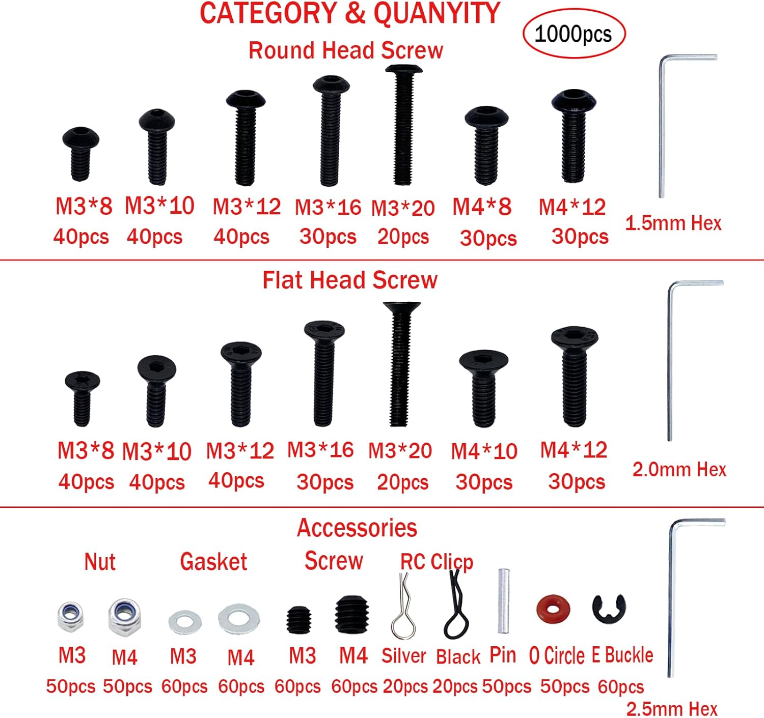 1000pcs Universal RC Screw Kit Screws Assortment Set, Hardware Fasteners for Traxxas Arrma Redcat Axial SCX10 HPI Losi 1/8 1/10 1/12 1/16 Scale RC Cars Trucks Crawler Parts, RC Screws