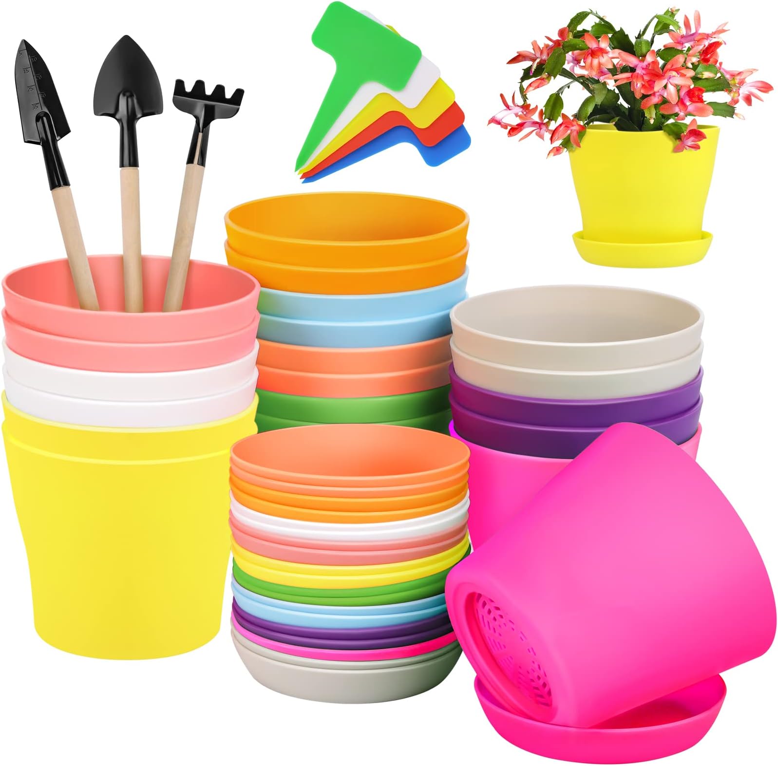 - 20 Pack Plastic Planters 4 Inch Plant Flower Pot with Trays, Seedlings Nursery Pots Planter Flower Container Seed Pots for Seedling, Transplanting, Cutting, Assorted 10 Colors