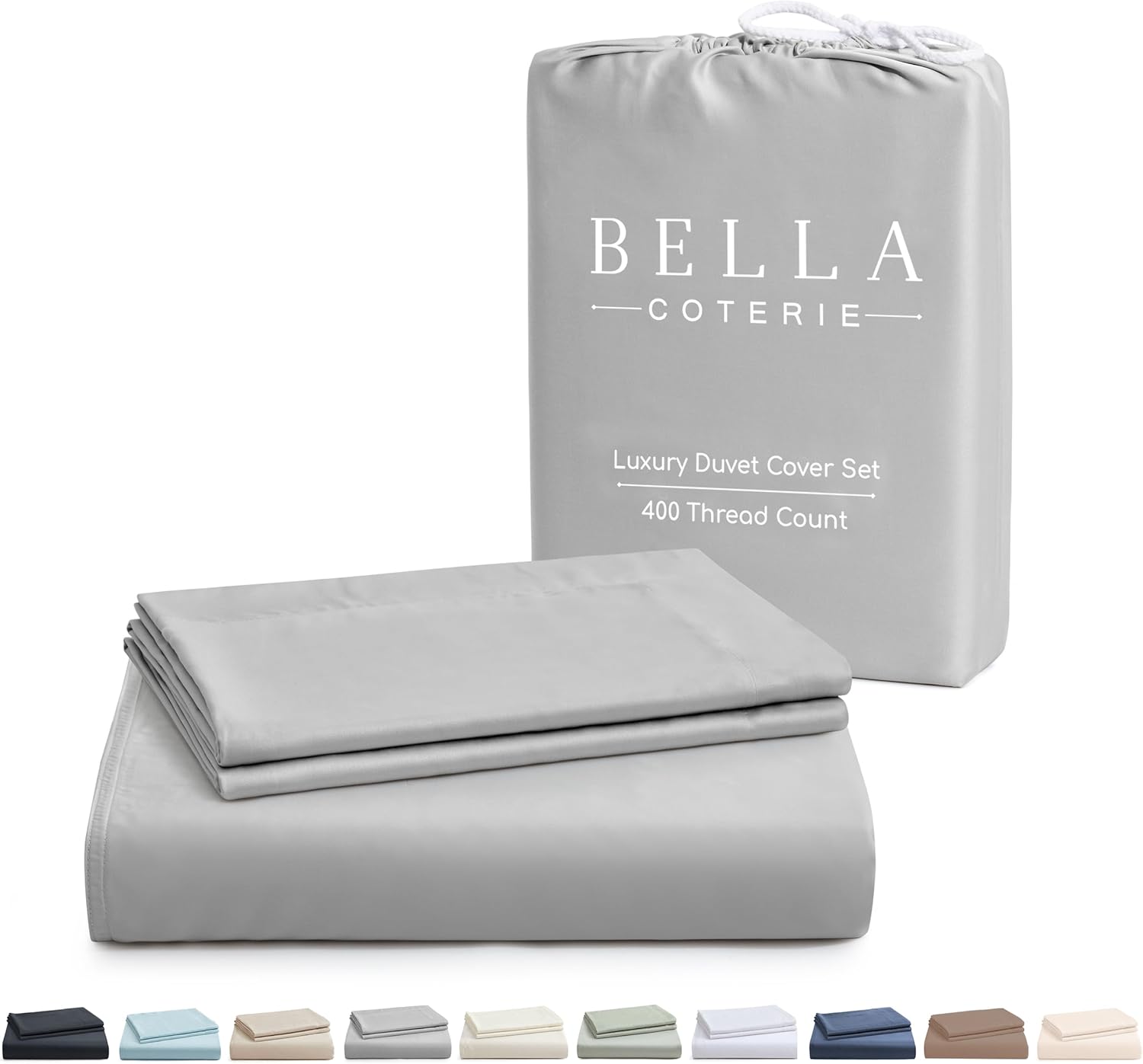 Bella Coterie Luxury Bamboo Viscose Queen Size Duvet Cover Set | 100% Organically Grown | Corner Ties | Ultra Soft | Cooling | Two Pillow Shams | 90 x 94 | No Insert [Grey Mist]