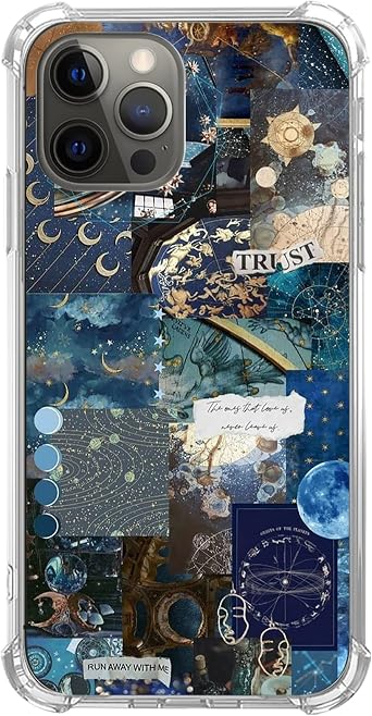 Aesthetic Celestial Sun and Moon Collage Case for iPhone 15 Pro, Cool Dark Blue Collage Case Compatible with iPhone 15 Pro for Girls Boys Women Men, Unique Trendy TPU Bumper Cover Case