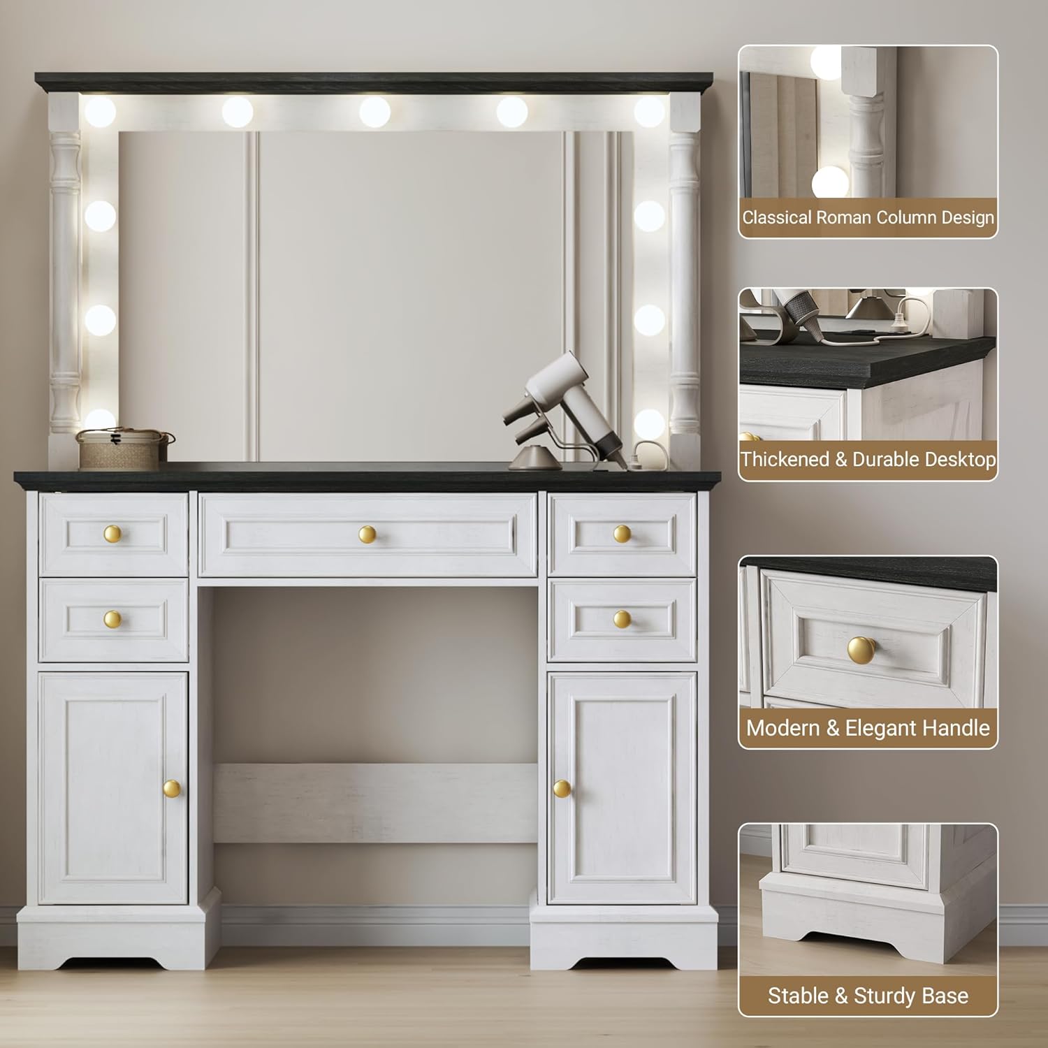 Vanity Desk with 38" Large Mirror and 11 LED Lights, Adults Makeup Vanity with 5 Drawers and 2 Cabinets & Power Outlet and 3 Lighting Modes, Farmhouse Wooden Dressing Table for Bedroom, Antique White