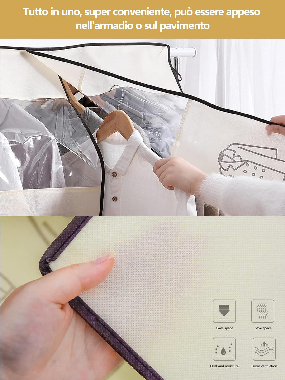 2PCS Copriabiti Antipolvere per Armadio 120 x 120 cm Copertura Protettiva per Stand Appendiabiti in Tessuto Traspirante con Finestra Trasparente Visibile Beige con Cerniera