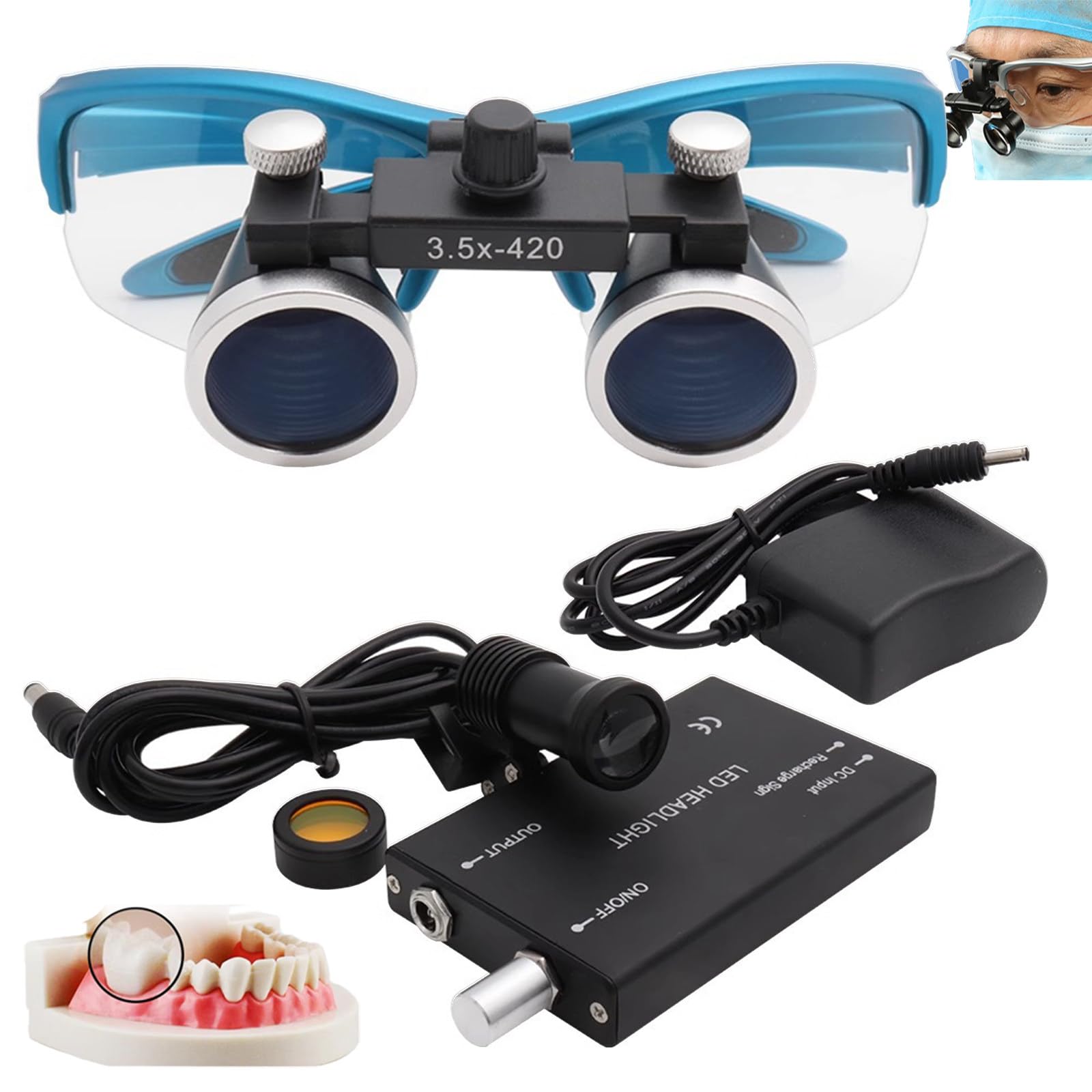 Lenti d'Ingrandimento Dentali 2,5X / 3,5X, Lenti d'Ingrandimento Binoculari Chirurgiche + Luce Frontale A LED da 5W, Portatili Ultraleggere, Attrezzatura da Laboratorio per Dentista,Blue-3.5X