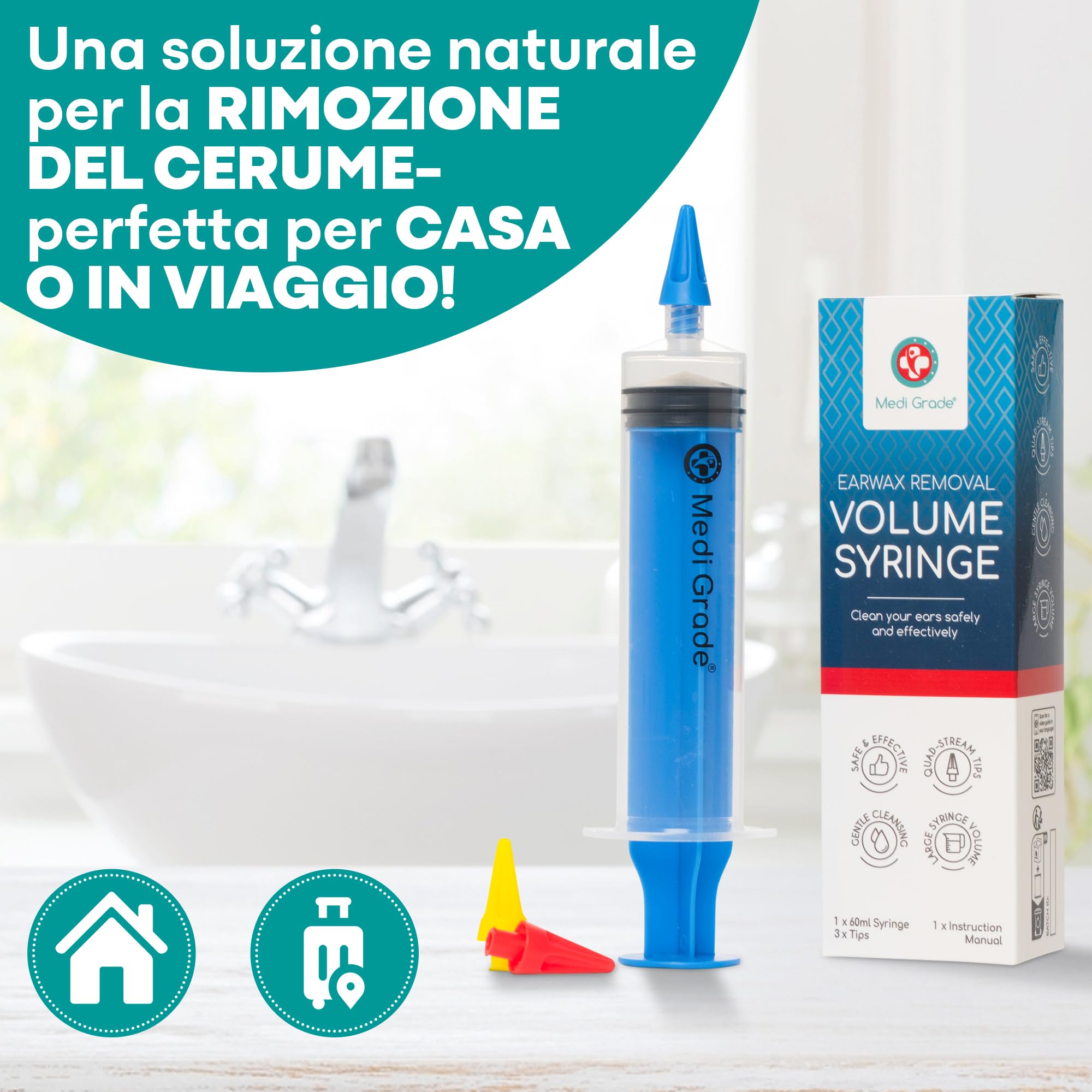 Kit Pulisci Orecchie – Pulizia Orecchie e Rimozione Cerume by Medi Grade – Kit per Pulire Orecchie con Siringa Orecchie da 60 ml con 3 Punte Quad-Stream