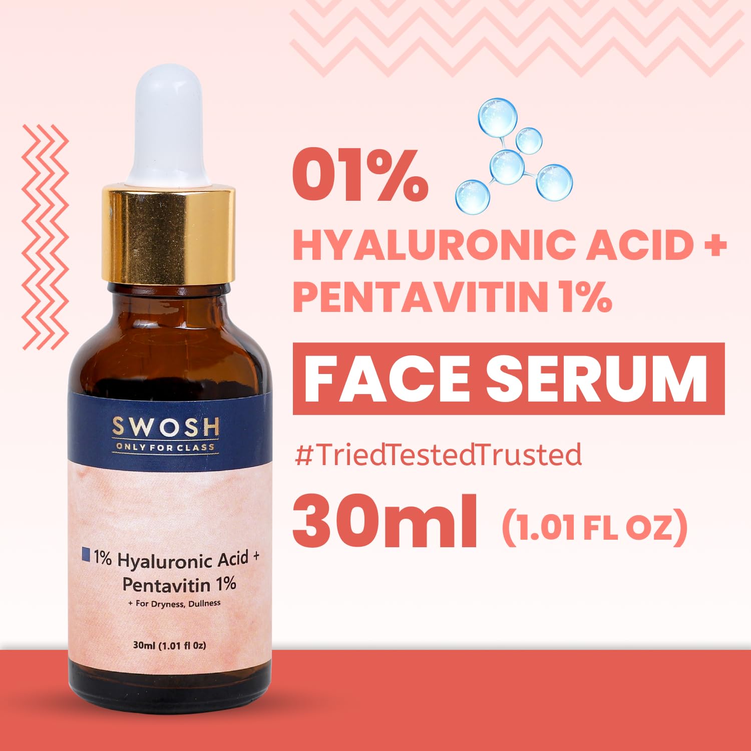 SWOSH 1% Hyaluronic Acid Serum 30 ML Lightweight & Hydrating Serum For Intense Hydration(Normal To Dry SKIN) With Glycerine and Aloe Vera For Skin Illumination - Image 3