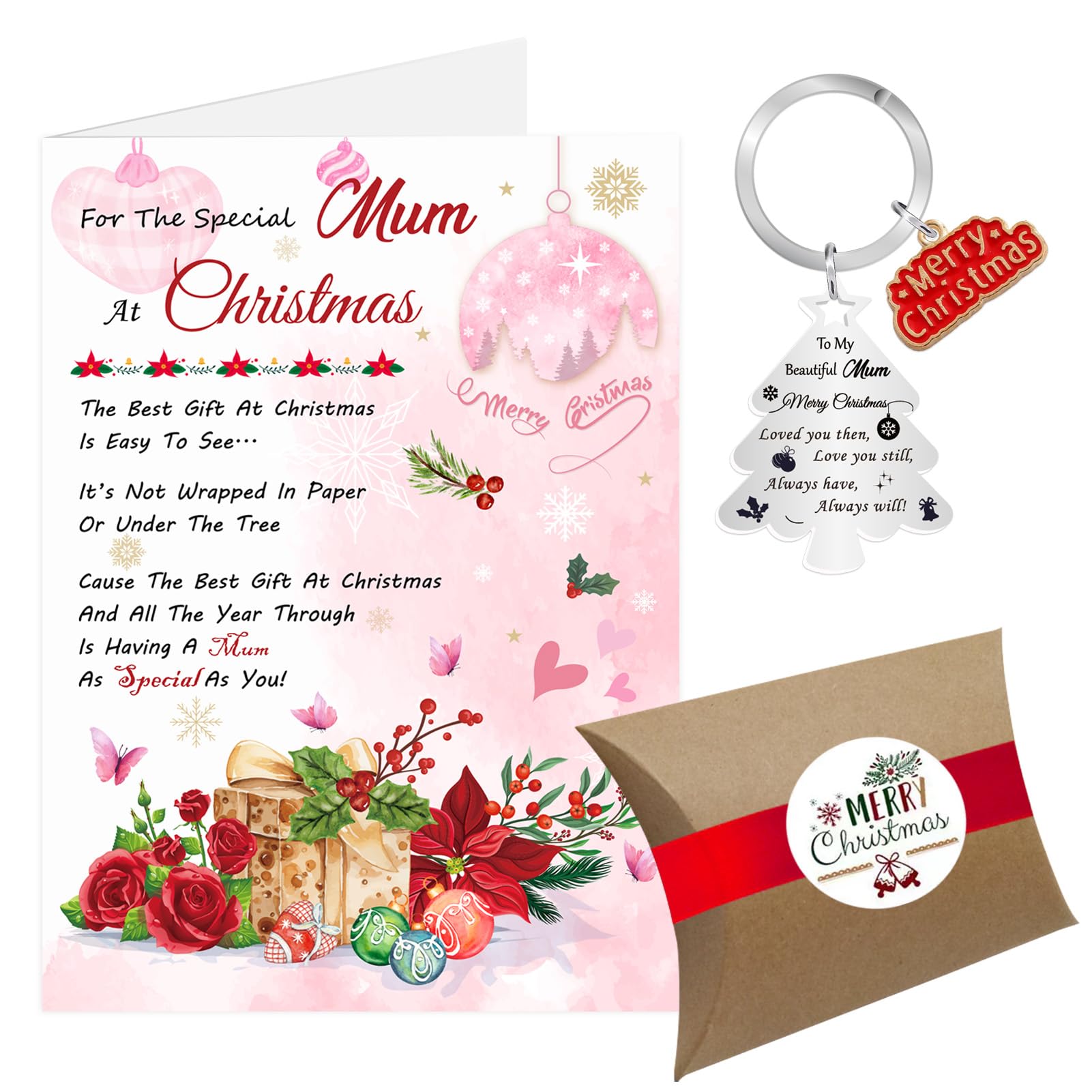 Mum Christmas Card, Christmas Card Xmas Card from Son Daughter, Luxury Merry Christmas Cards Keyring Gifts for Mother Mom with Gift Box Envelope (Mum)