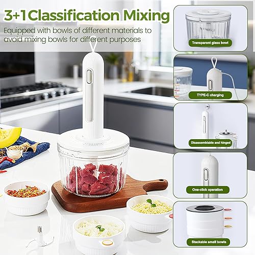 Miniatura 2 de Picadora compacta inalámbrica de alimentos, picadora de carne eléctrica con 2 cuchillas, 4 cuencos para preparación de comidas, alimentos para
