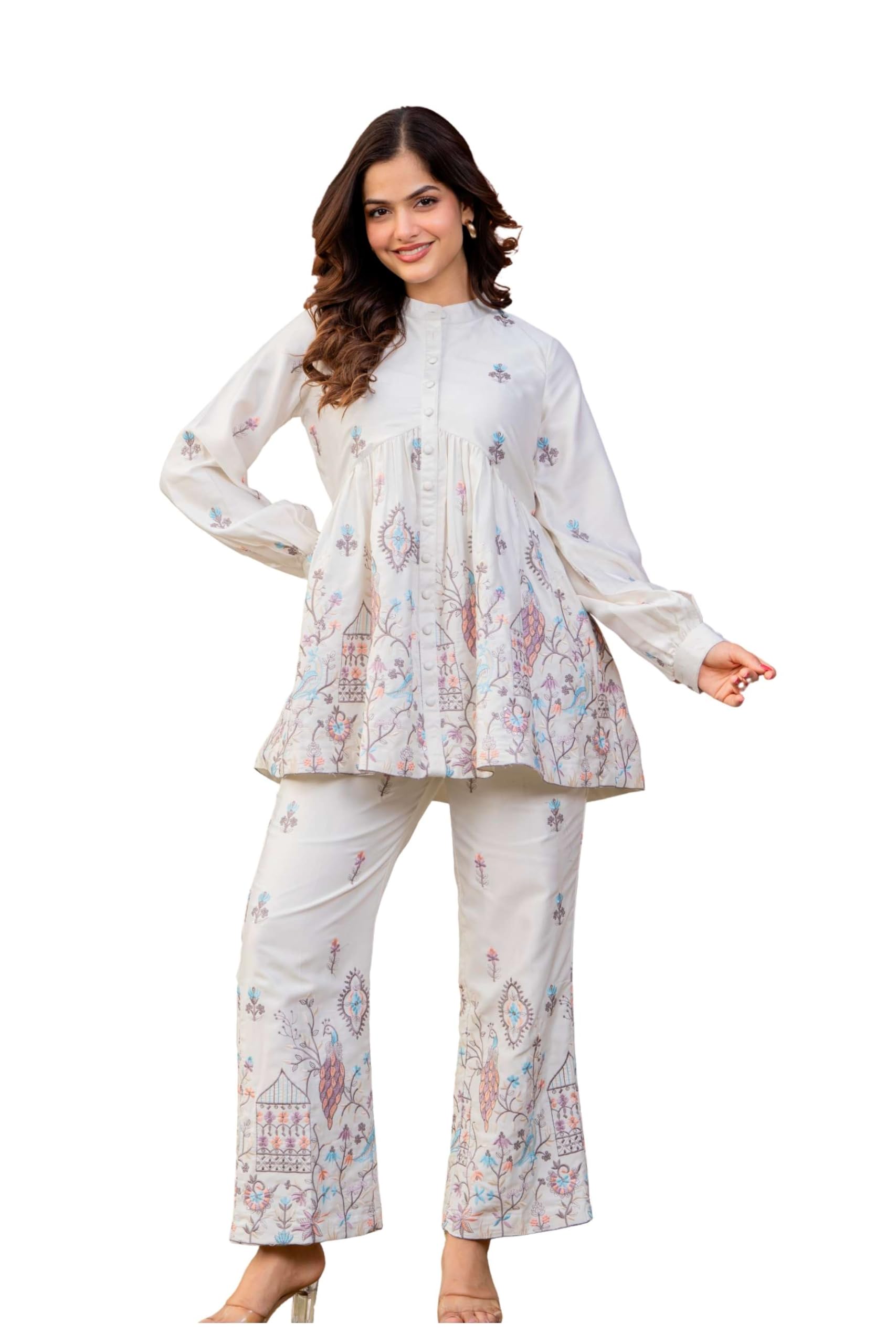 Women Ivory White Silk Satin Embroidered Co-Ord Set | Kurti Style Top with Straight Pant | Festive-image-19