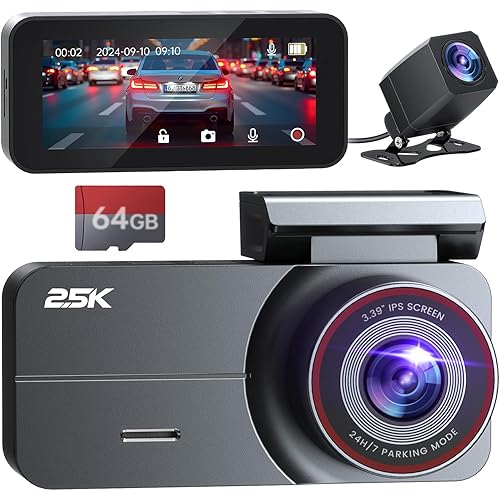 Dash Cam Front and Rear, 2.5K /1080P QHD Dual Dash Camera for Cars, Super Night Vision Dashcam, Loop Recording, 3.39” IPS, 64GB Card Included, 160° Wide Angle, Parking Mode