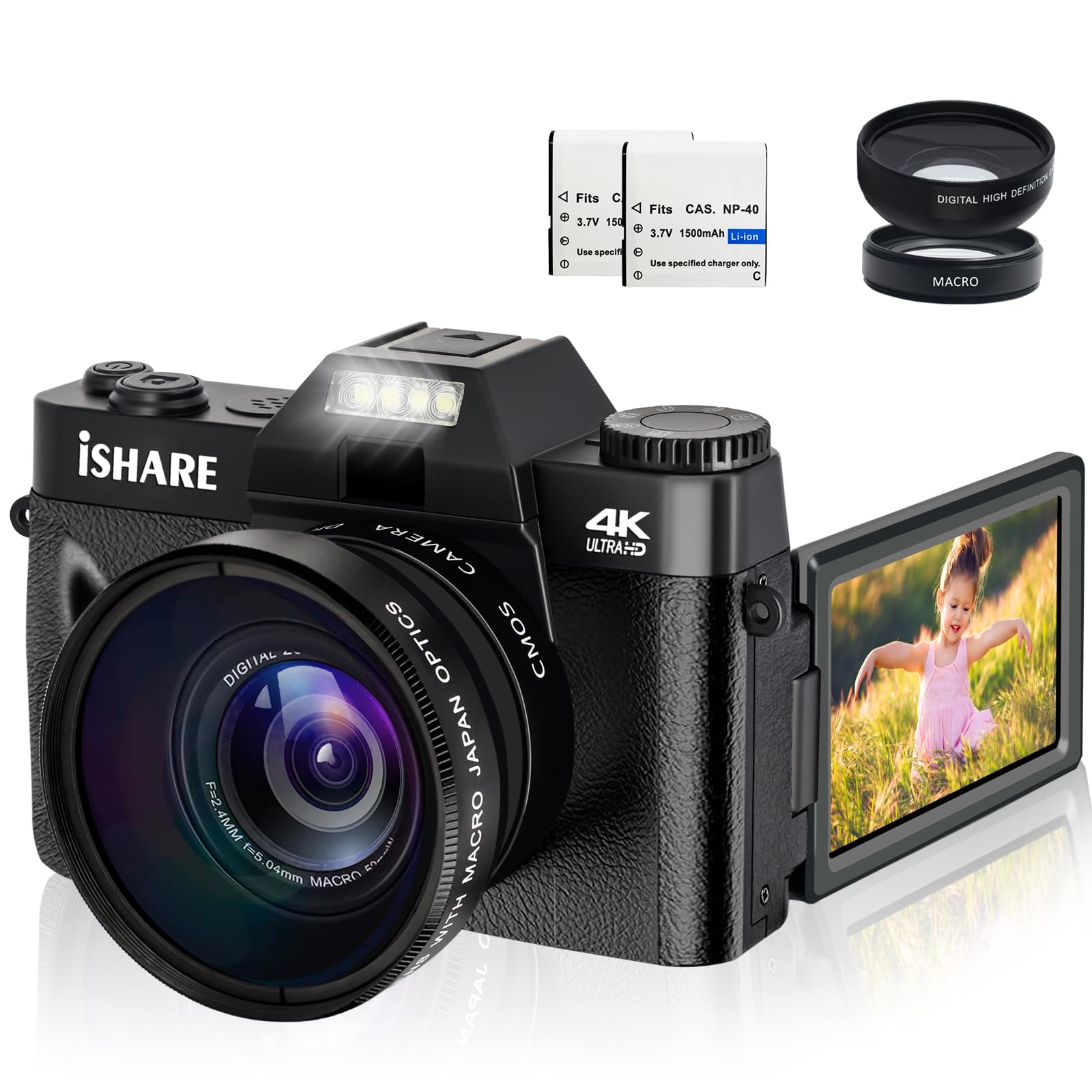 Appareil photo numérique 4K pour la photographie Zoom numérique 16x 48MP Caméras pour YouTube avec WiFi, caméra de vlogging avec objectif grand angle et 2 piles