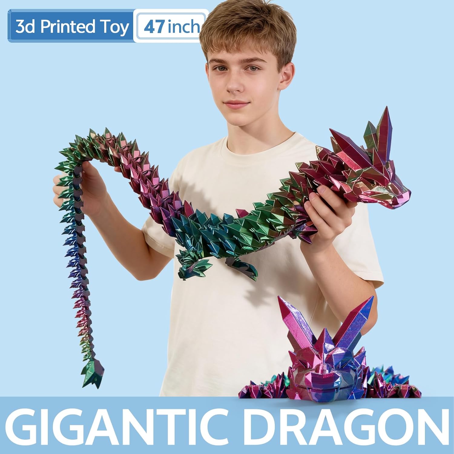 47”3D Printed Dragon Large 3D Dragon--Bigger Fidget Toy Gift for Kids, Boys, Girls & Adults,Cool Giant Crystal 3-D Printed Animals Desk Decor，easter basket essentials（47in blue green purple）