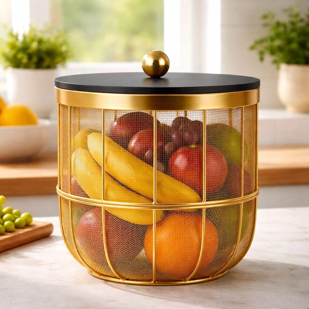 2-Tier Fruit Basket with Lid, Gold Metal Wire Mesh, Black Top, Countertop Storage Organizer