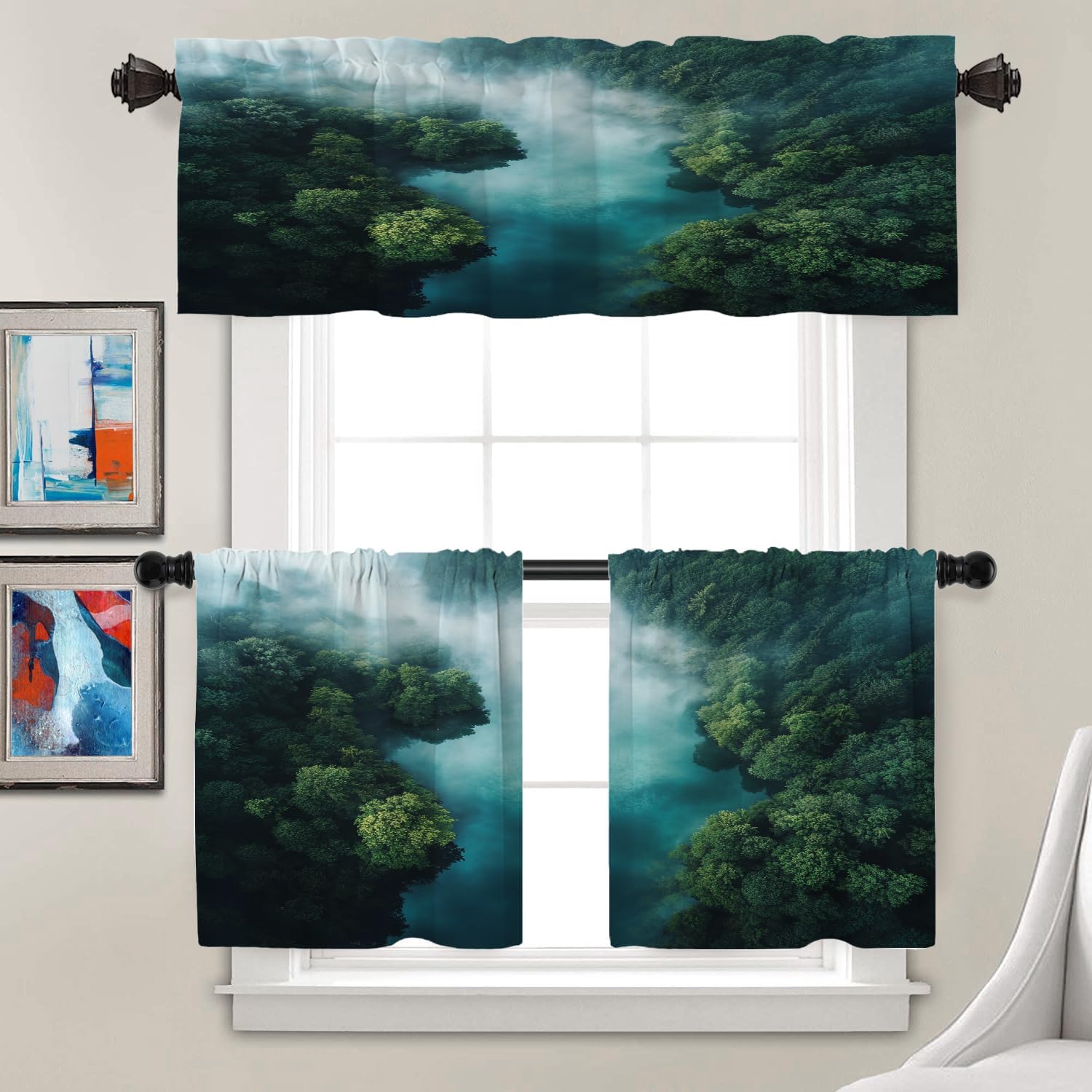 Batmerry Environment Misty Atmosphere Tier Curtains, Forested Area Natural Beauty Cafe Curtain Short Kitchen Drapes Small Valance for Bathroom, 2 Pack 26X24 Inches