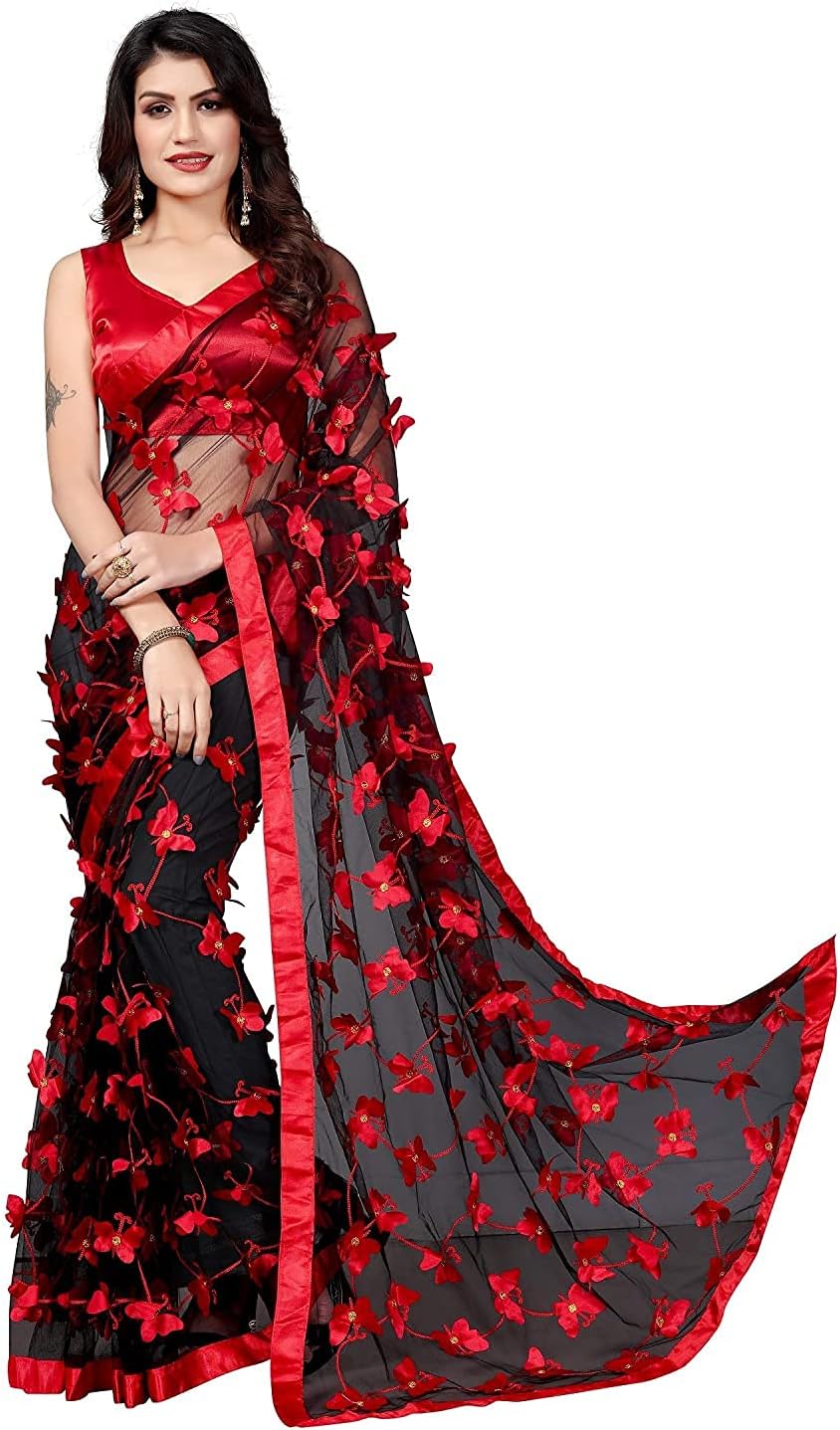 Women's Net Saree with Blouse Piece (Black)