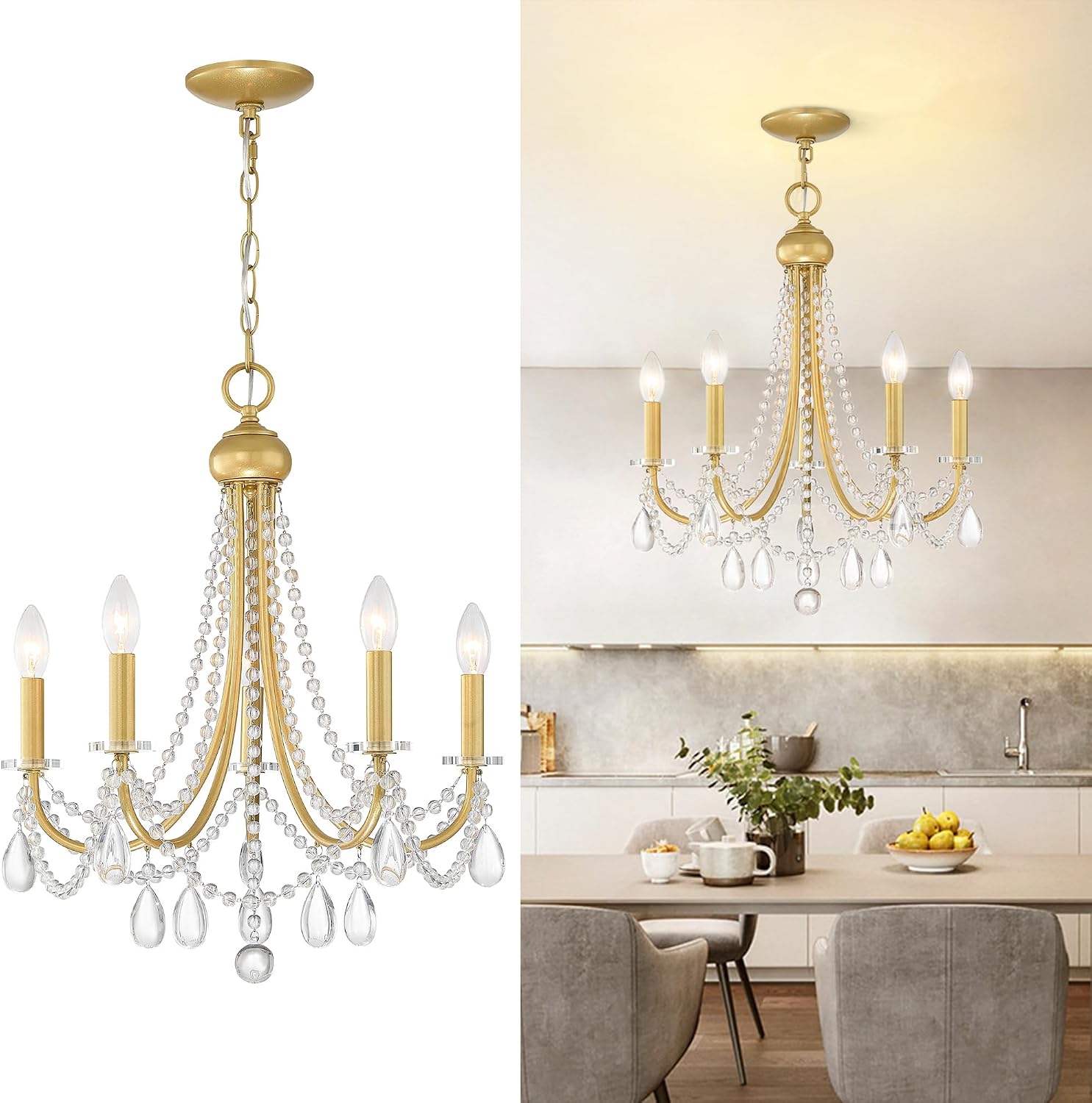 5-Light Farmhouse Chandelier with Crystals,Gold Candle Type Chandelier Lighting Fixture Adjustable Pendant Light for Bedroom Entryway Dining Room Living Room Kitchen Island
