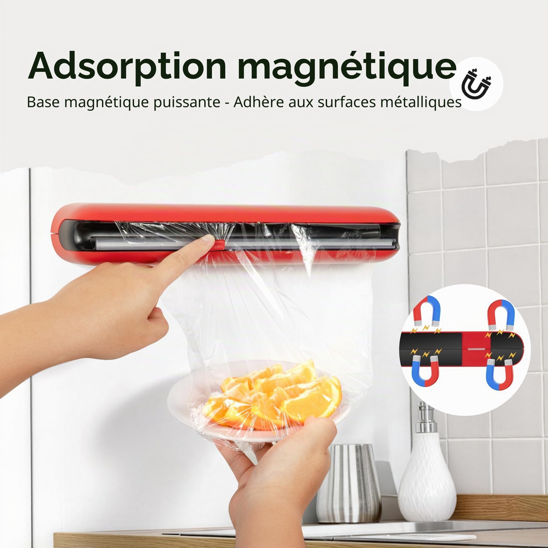 Derouleur Film Alimentaire avec Coupeur - Montage Magnétique Sans Percage, Distributeur Papier Aluminium et Film - Coupe Nette, Organisateur de Cuisine Compact pour Rouleaux 31 cm, Rouge