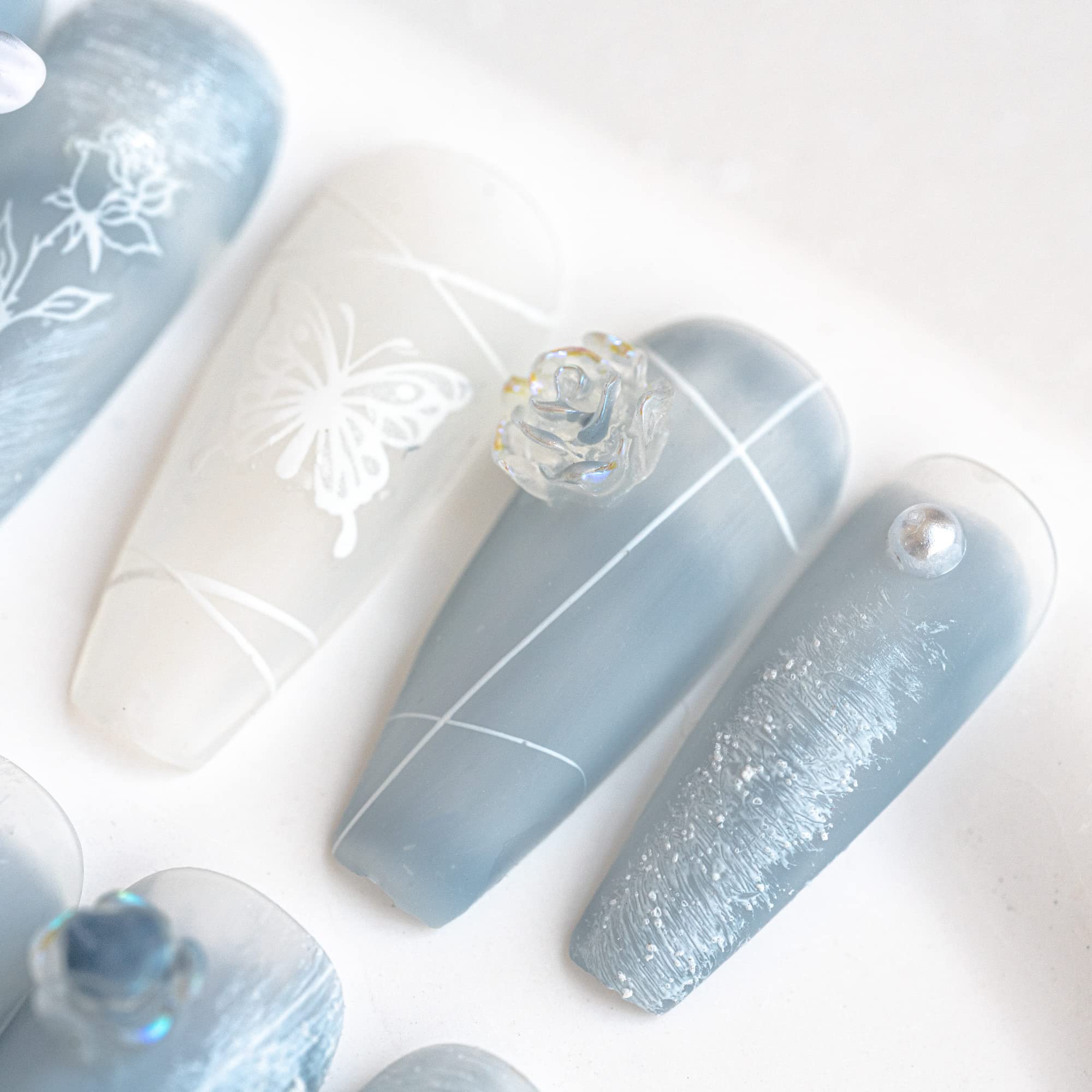 Sun&Beam Nails Handmade Press On Nails Medium Trapezoid Light Blue White 3D Angel Flower Pearl Matte Finish 10 Pieces for Everyday Wear and Special Occasions (#008 XS) - Image 4