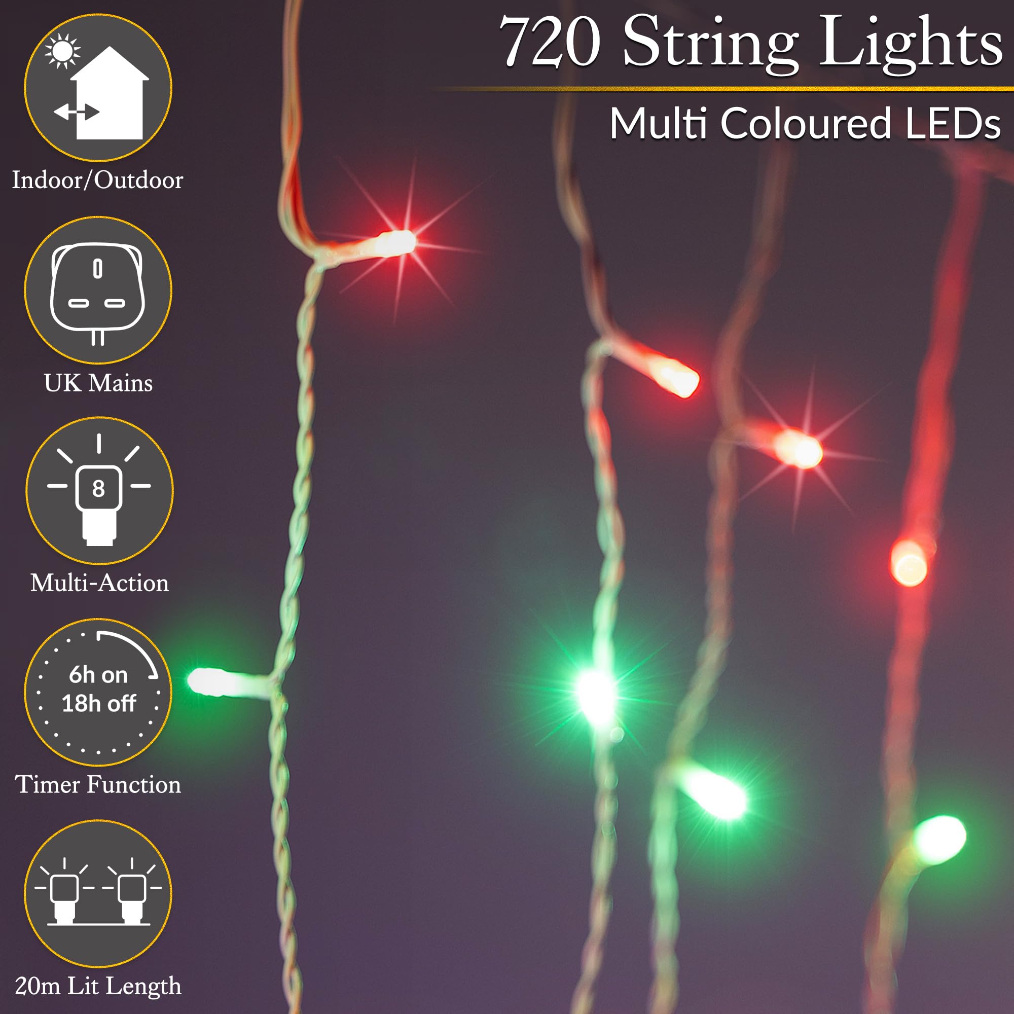CHRISTOW Hanging Icicle Christmas Lights, 720 Multi Coloured LED, 20m Lit Length, Indoor & Outdoor, Mains Powered with Timer - Image 2