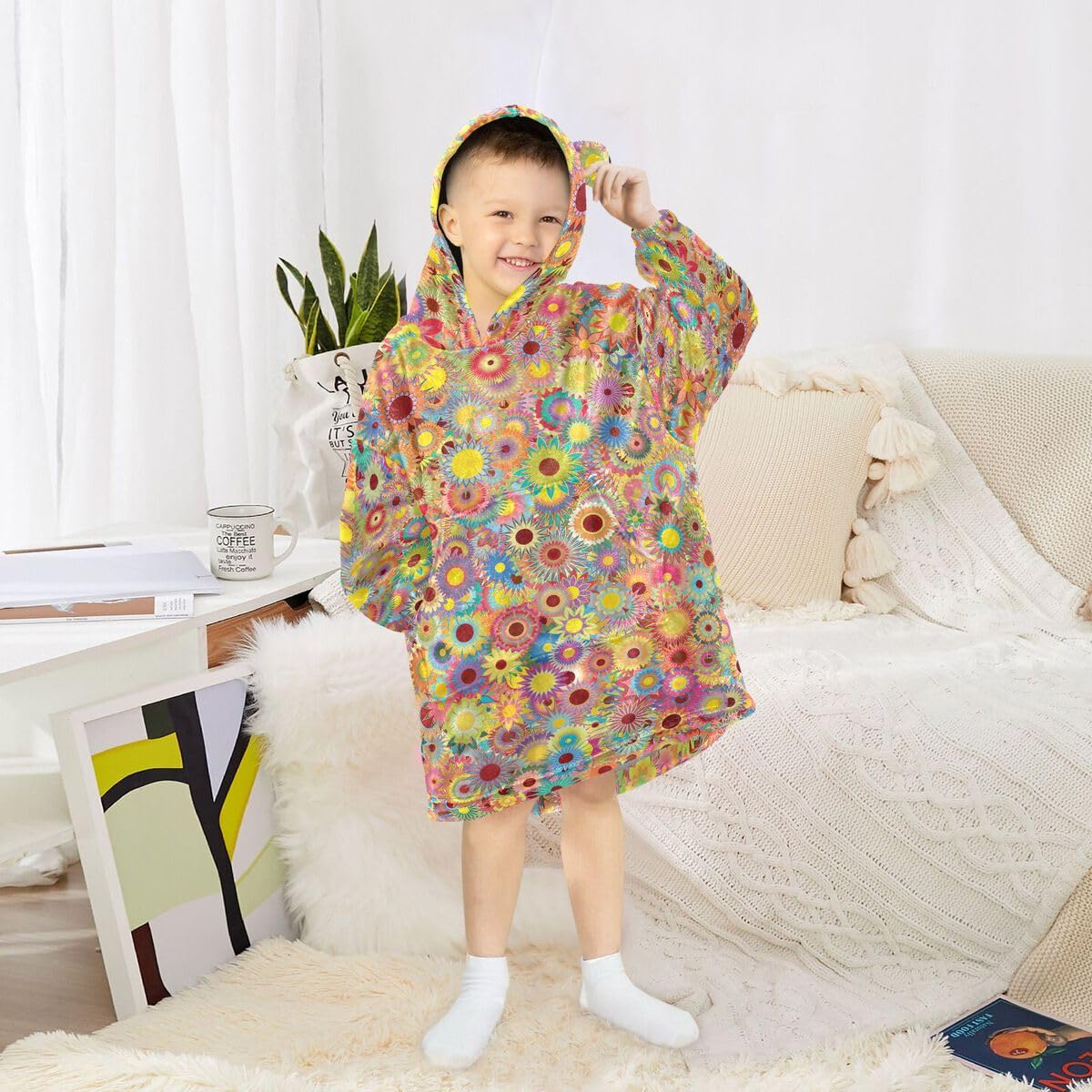 Wiosenne kwiaty liście dzieci koc do noszenia bluza z kapturem oversize bluza koc sweter lato kwiatowy dla chłopców dziewcząt w wieku 3-14 lat