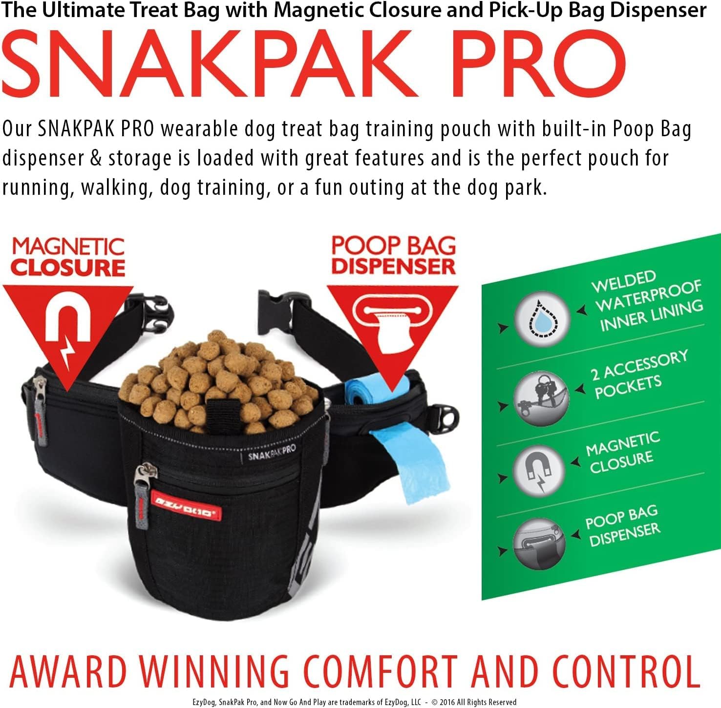 EzyDog SnakPak Pro Wearable Dog Treat Bag Waterproof Training Pouch with Magnetic Closure, Pick-Up Bag Dispenser, and Belt