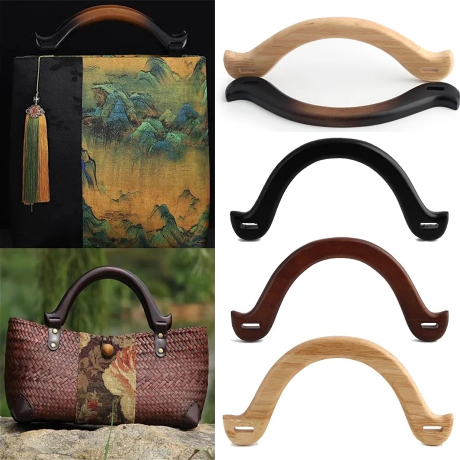 4 piezas de carteras ratán con asas arqueadas, bolsos paja, playa, madera en forma U, cruzados ganchillo Para Bolsas(Khaki 2)