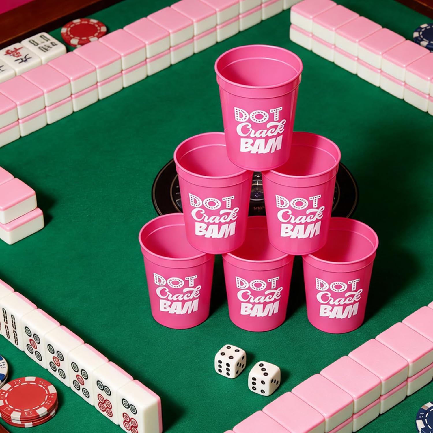 16Pcs Mahjong Plastic Cups Reusable 16oz DOT Crack BAM Party Supplies Themed Birthday Game Night (Pink)