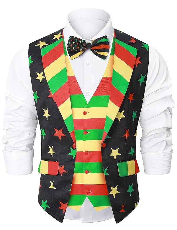 Roseelf Mens Juneteenth Vest Shirt Black History Month Suit Waistcoat African American Flag Pride Dress Costume with Bowtie, Juneteenth Star Stripes, X-Large by Roseelf - Used condition - US$21.55