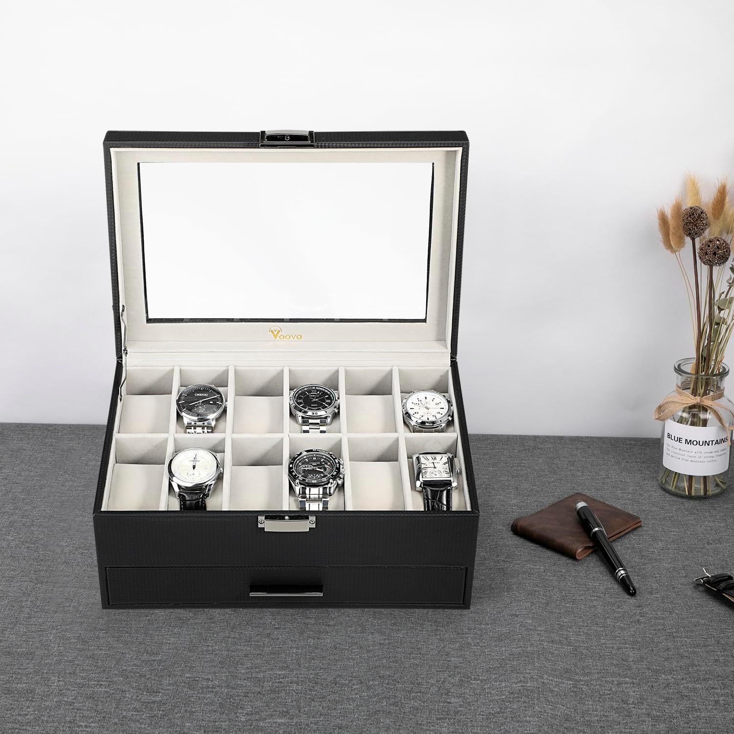 Voova Jewelry Box Watch Boxes Organizer for Men Women, 2 Layer Large 12 Slot PU Leather Watch Storage Case, Glass Top Jewelry Display Holder for Watches Sunglasses Rings Necklaces Bracelets,Black+Grey