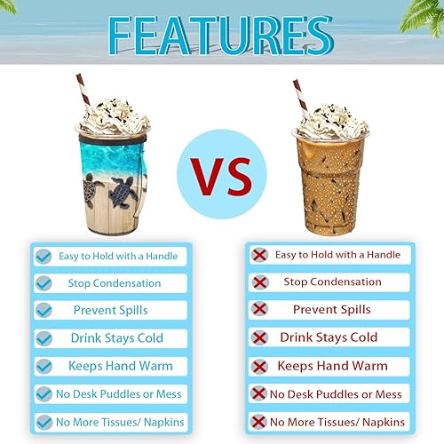 Miniatura 3 de Funda de neopreno reutilizable para café helado de tortuga marina con asa, funda aislante de neopreno reutilizable de madera para bebidas calientes