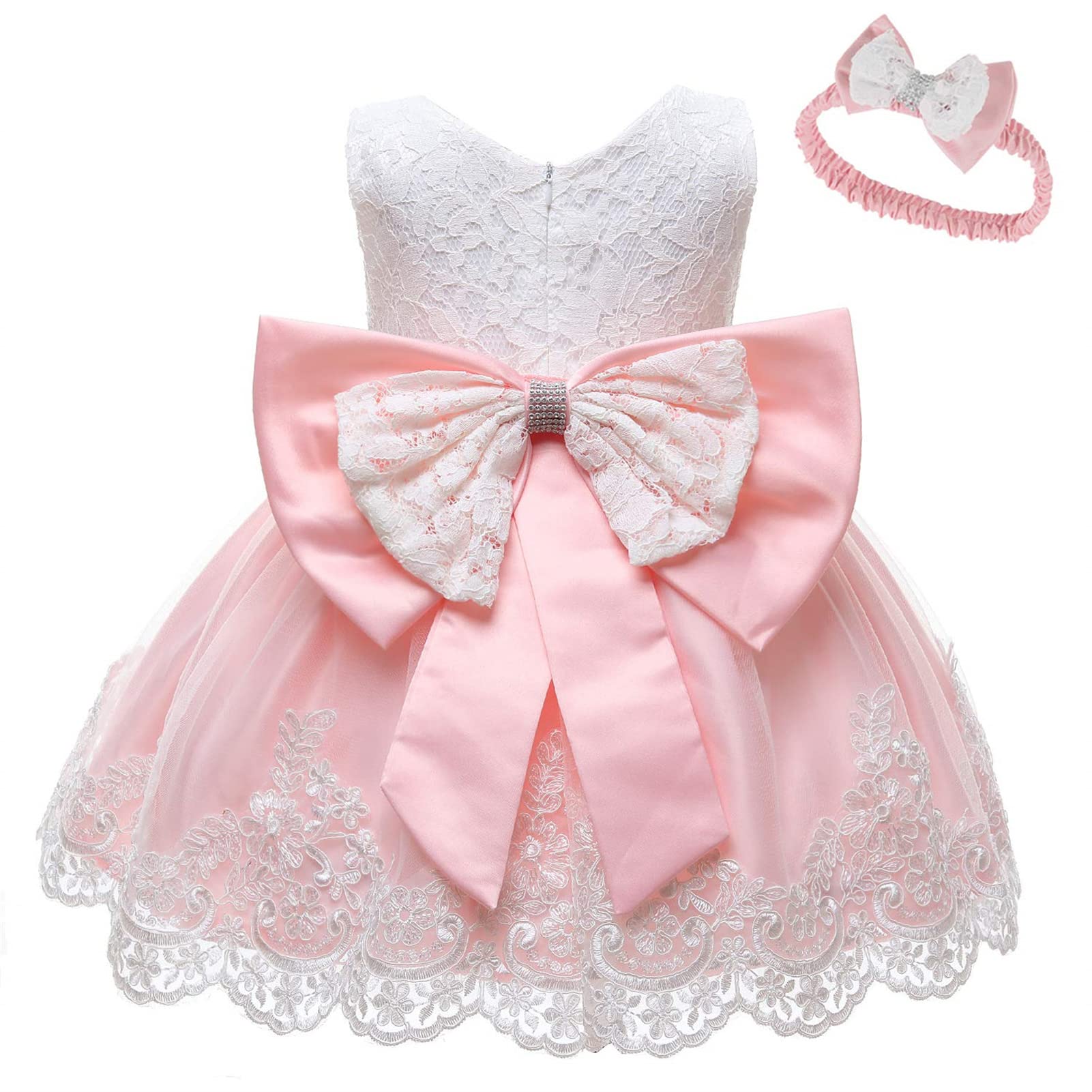 0-6T Baby Girl Party Dress Toddler Lace Embroideryr Evening Dresses with Headwear