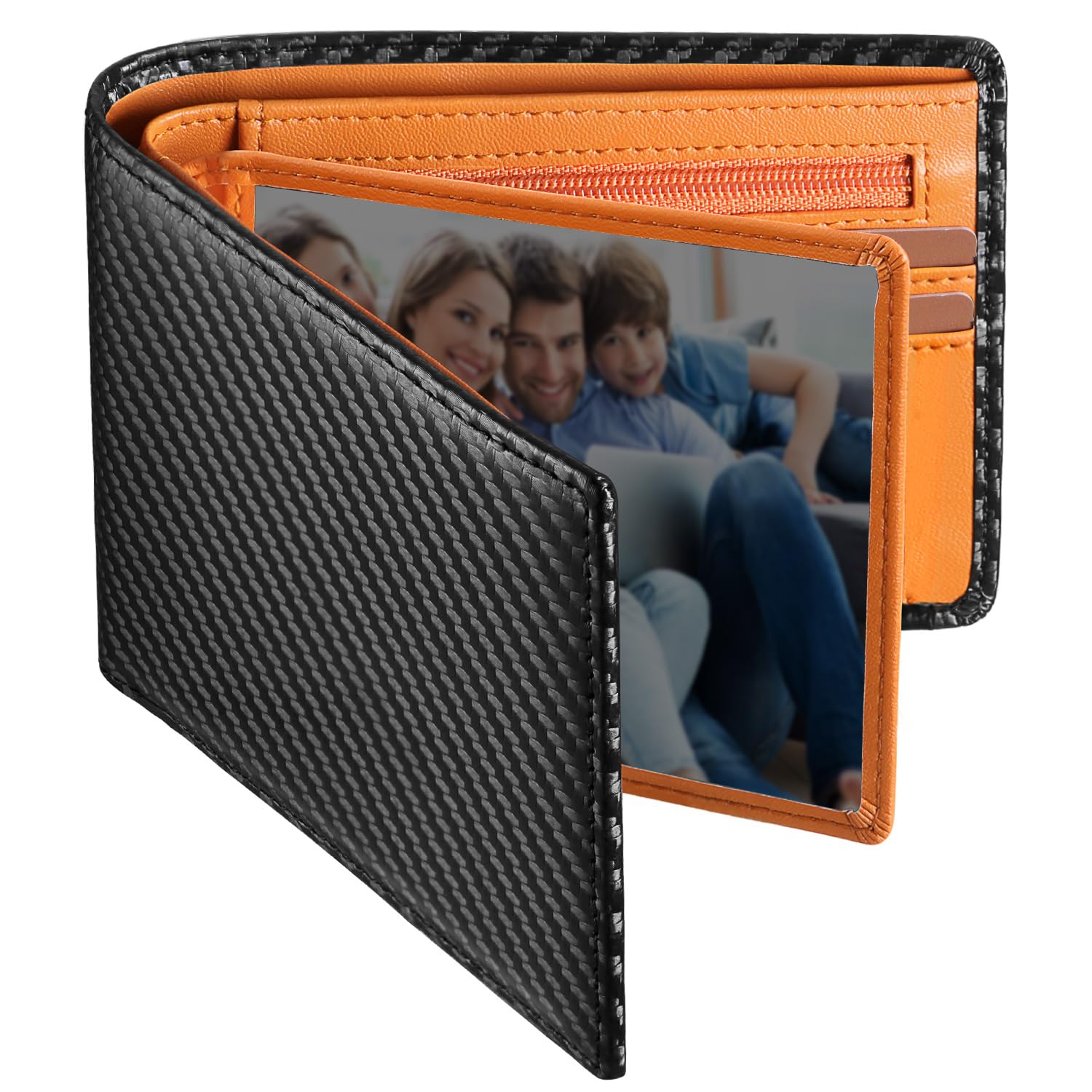Men's Wallets Genuine Leather RIFD Tri-Fold Wallet with Coin Pocket,14 Credit Card Slots, 2 Banknote Compartments, 2 ID Windows, Minimalist Wallet with Gift Box, Black-orange