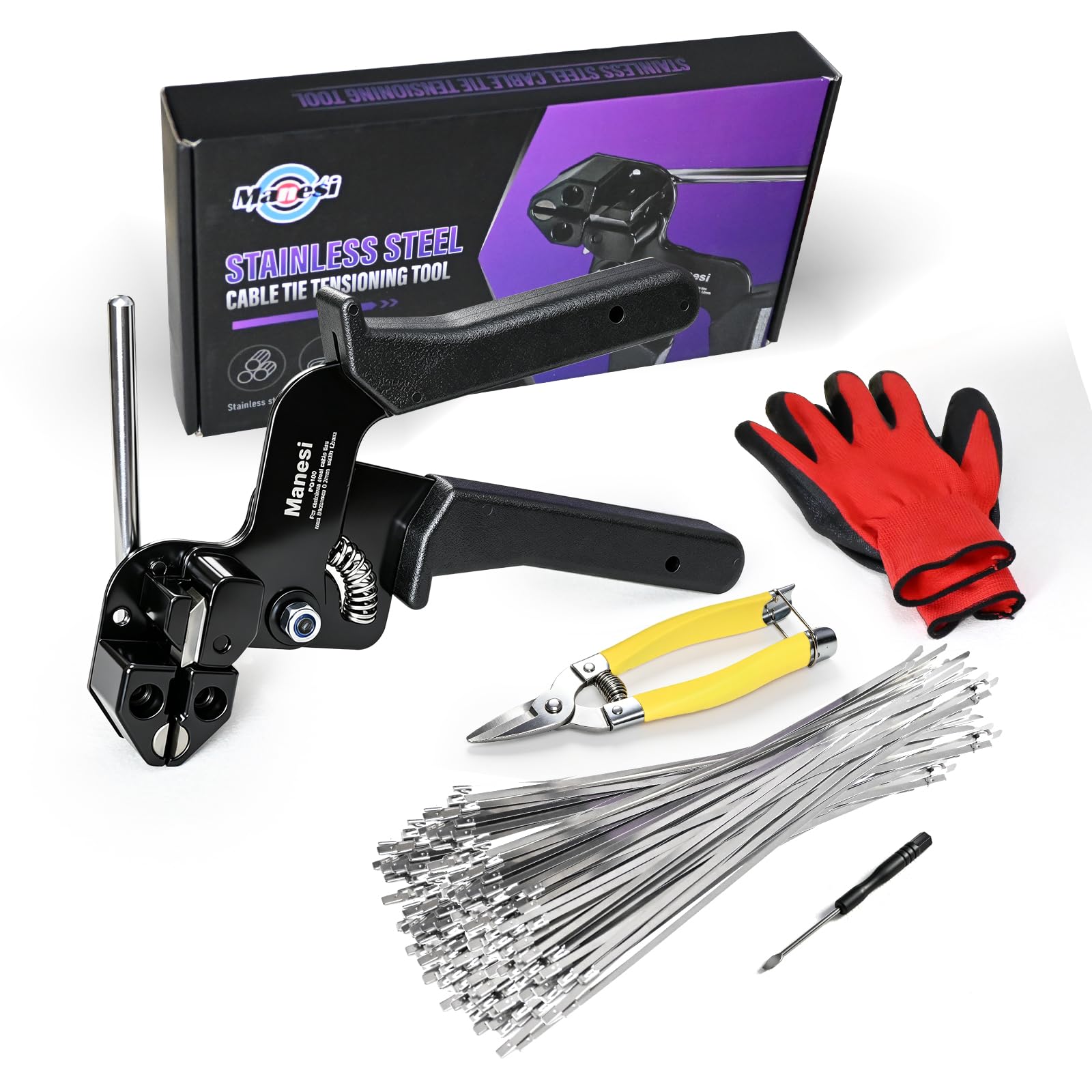 Kit de pistola de metal, pistola de sujeción de cables de acero inoxidable y 100 bridas de acero inoxidable de 4,6 x 270 mm, herramienta de amarre de cremallera, pistola de sujeción de cables