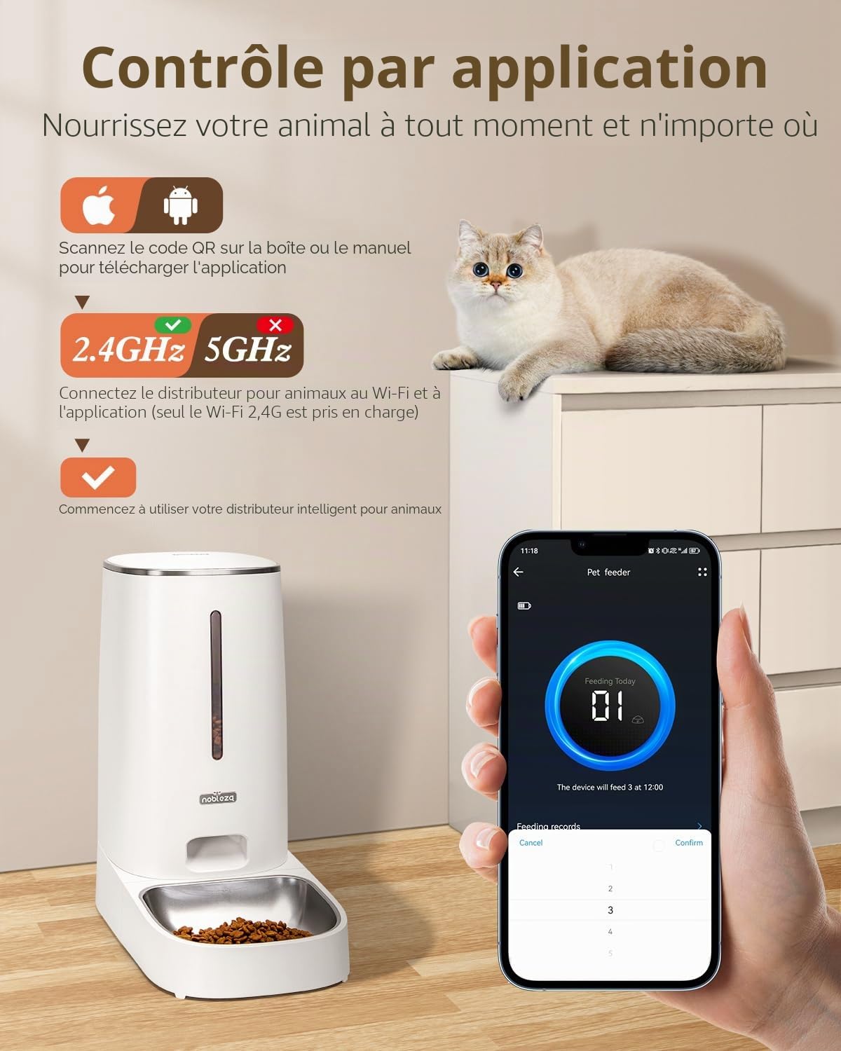 Nobleza - 4L Distributeur Croquettes Chat Automatique, 2,4G WiFi avec Contrôle par APP Distributeur Croquettes Chat Automatique, Enregistrement Vocal 10S, 1-10 Repas par Jour (Blanc)