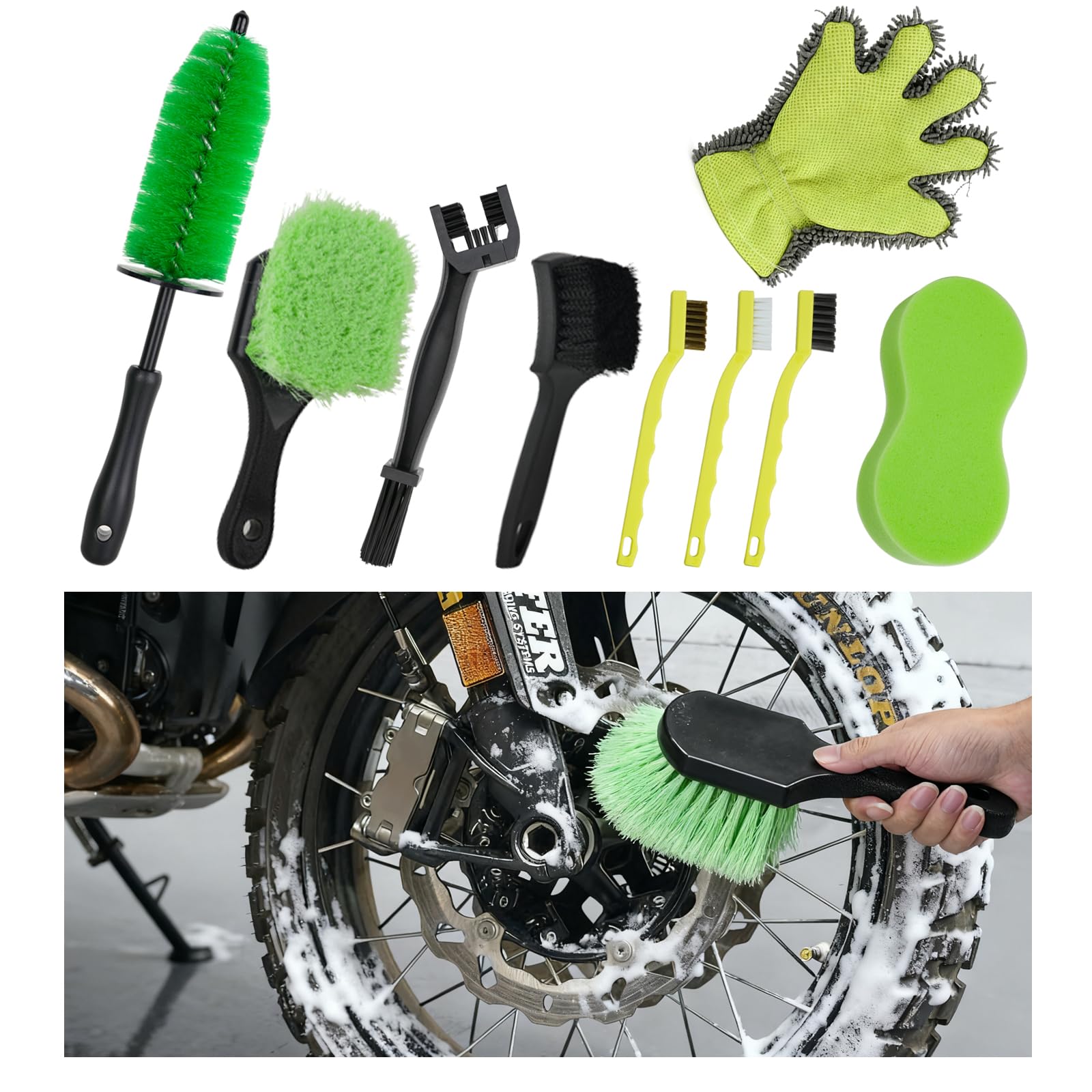Paquete de 9 kits de limpieza de motocicleta, kit de detalles de motocicleta con cadena, rueda, llanta, cepillo de neumáticos, esponja, guante de lavado, cepillo de detalles, herramienta de