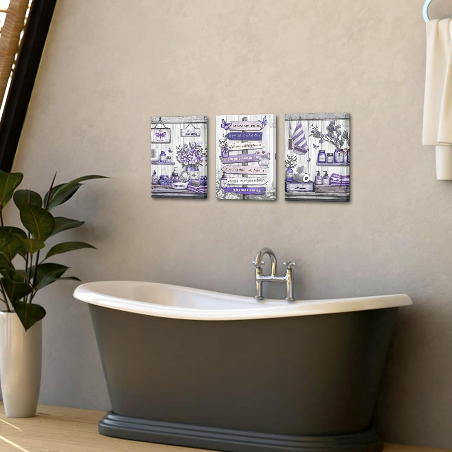 OuElegent Purple Bathroom Wall Art Farmhouse Wall Decor Canvas Rustic Bathroom Rules Paintings Purple Pictures for Washroom Wall Decor Framed（12''x16''x3