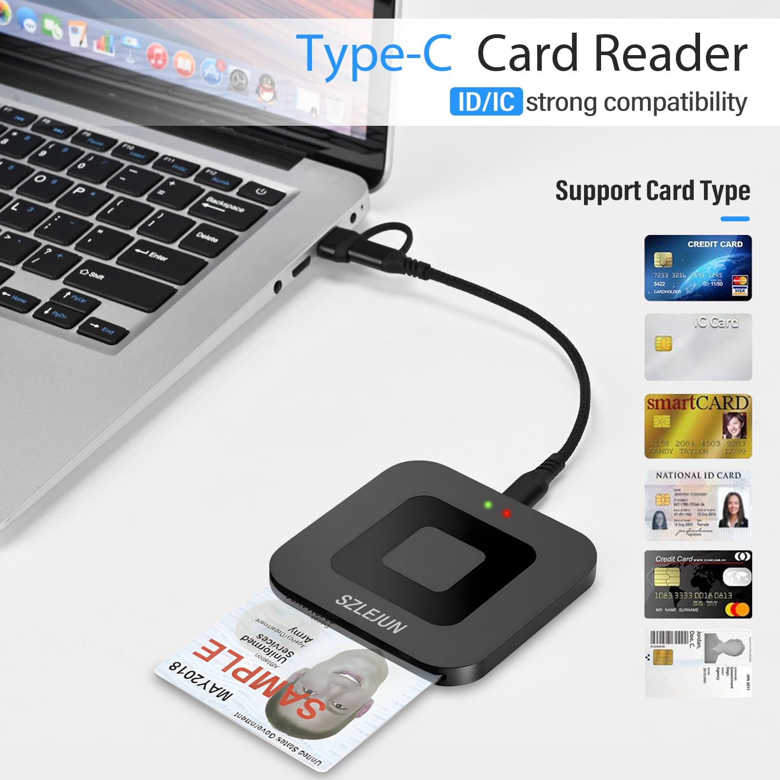 Lecteur CAC USB/Type-C – Lecteur de cartes à puce CAC militaire DOD pour Windows/Mac/Linux/Android – PIV, PKI, EMV compatible avec les outils de test et SDK