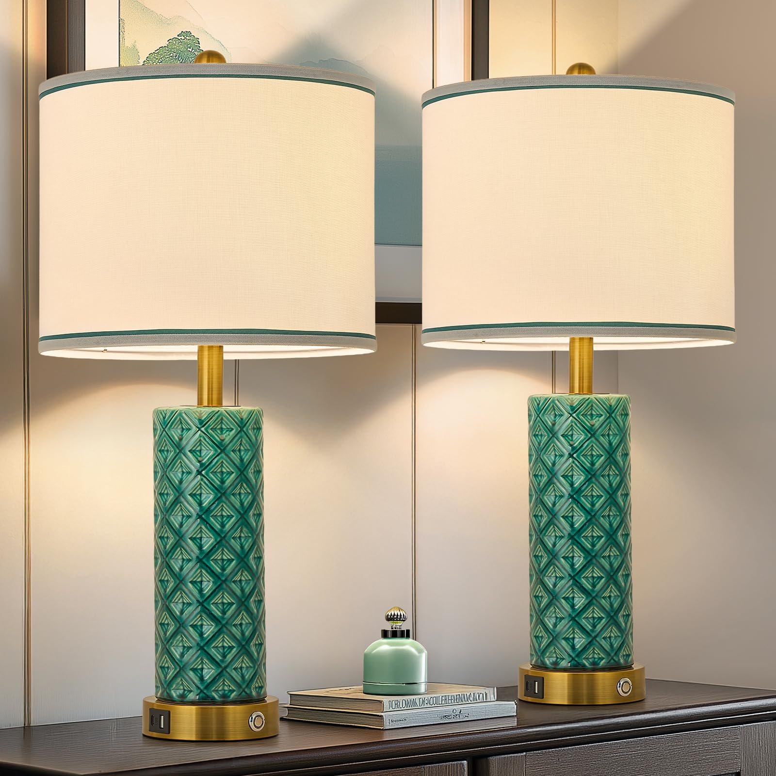 Set di 2 lampade da tavolo per soggiorno, camera da letto, fattoria, 66 cm, controllo touch, lampade in ceramica turchese, 3 vie, dimmerabili, con porte USB A+C, paralume in lino per la casa
