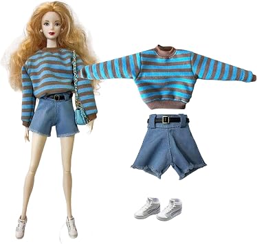 Fashion Doll Outfit Set with Blue and Brown Striped Sweatshirt, Shorts, Belt and Sneakers for 11.5-12 Inch Dolls, 1/6 Scale Figure or BJD