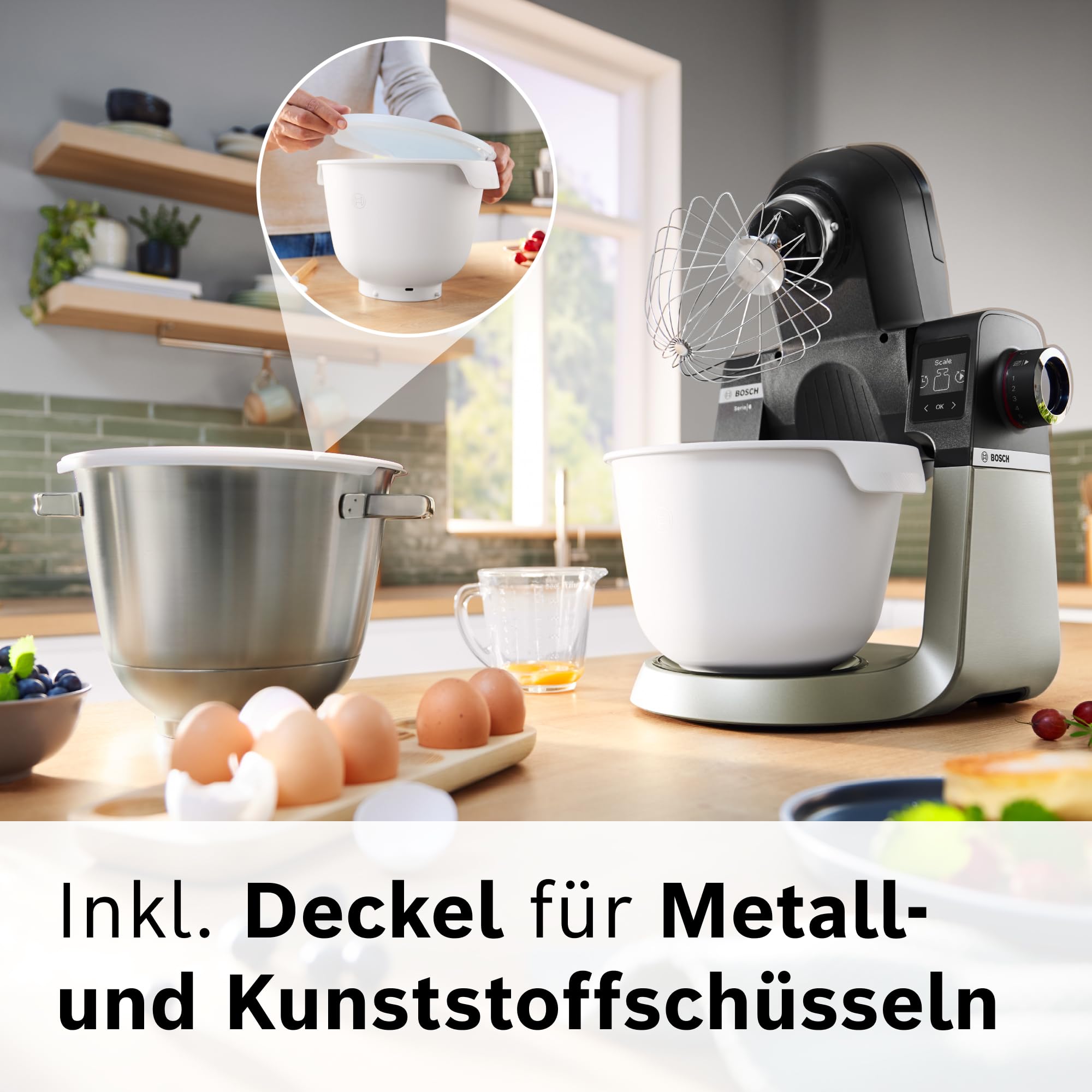Bosch MUZS6KR miska do mieszania z tworzywa sztucznego, z pokrywką i uchwytami, pojemność 5,5 l, nie zawiera BPA, elastyczna, do robotów kuchennych Bosch seria 6, biała