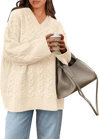 Okiwam Womens Oversized Sweaters Long Sleeve V Neck Cable Knit Pullover Tops Fall Outfits Fashion Clothing 2026